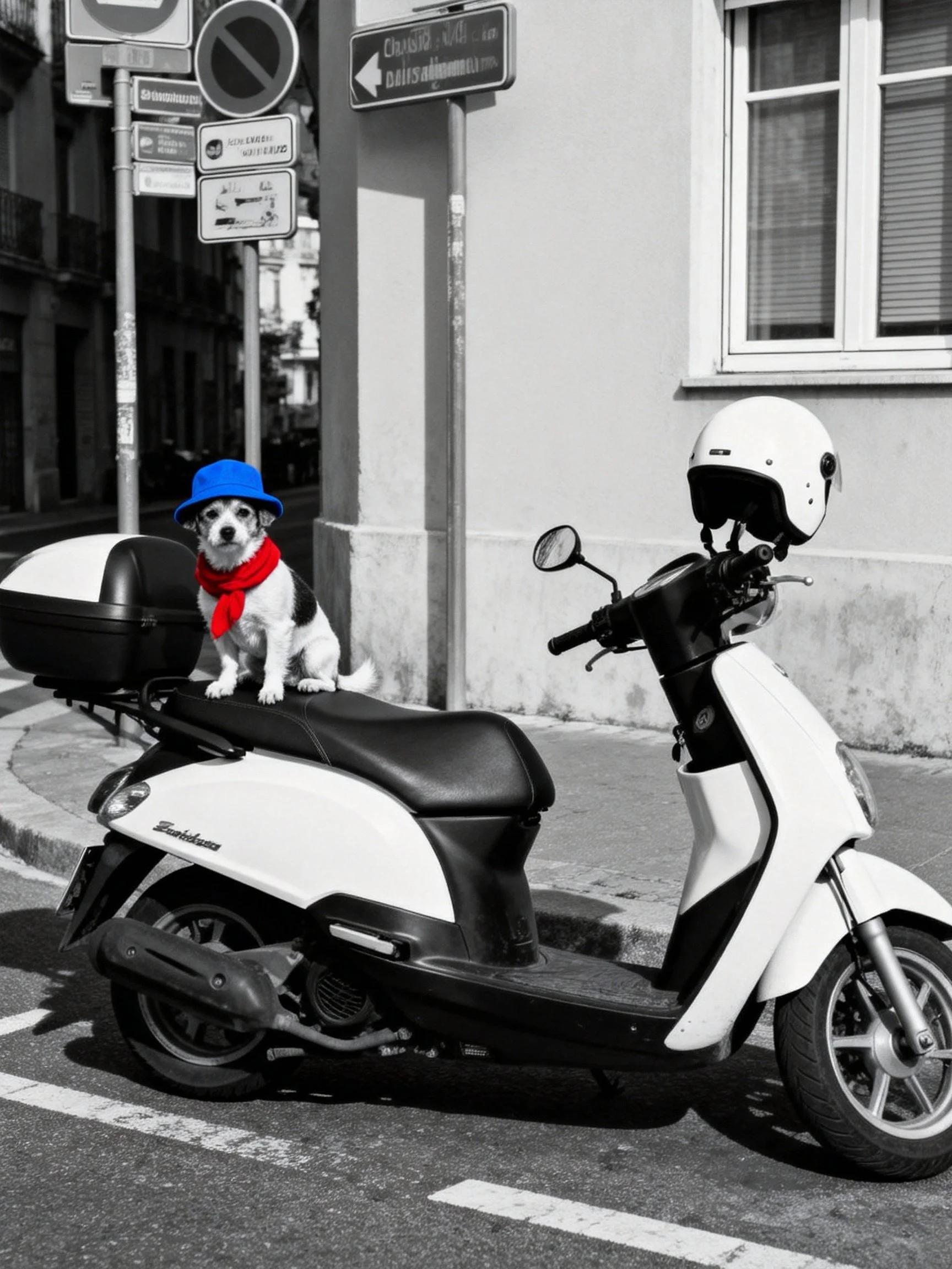 A dog adorned with a blue hat and red scarf sits on a white scooter parked beside street signs.
