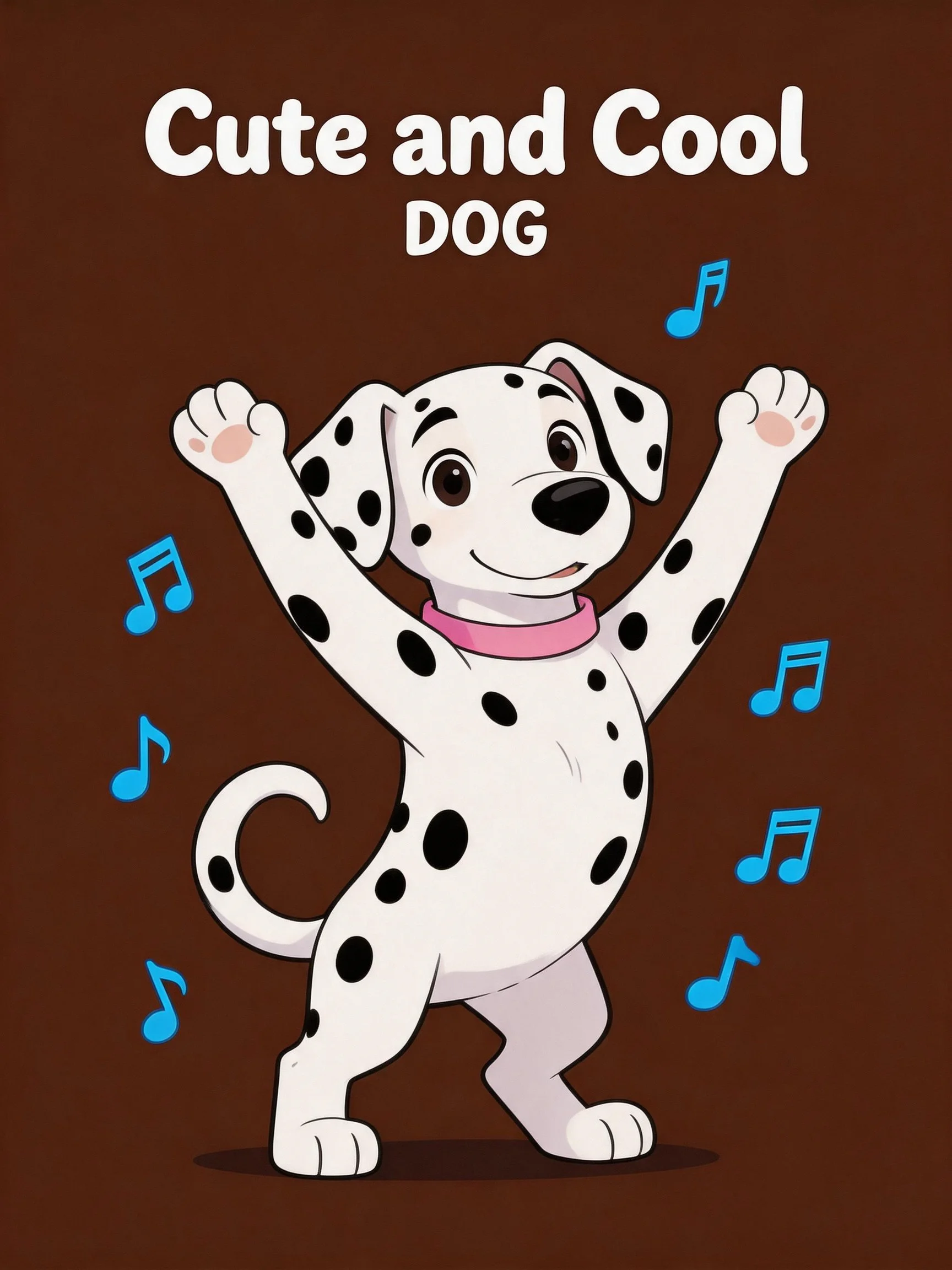 A white spotted Dalmatian dog dancing with blue music notes on brown