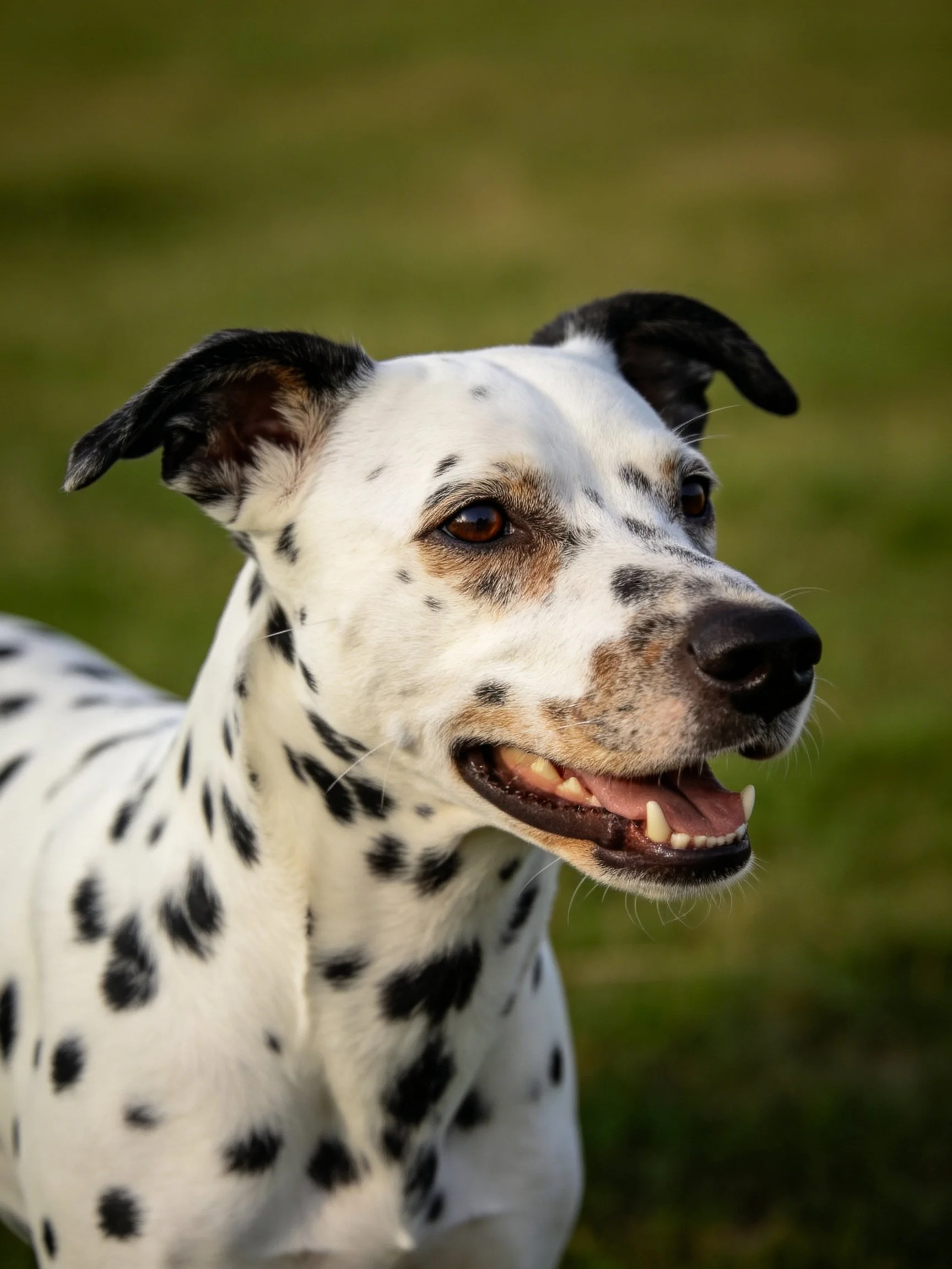 A white-spotted Dalmatian dog with black ears outdoors