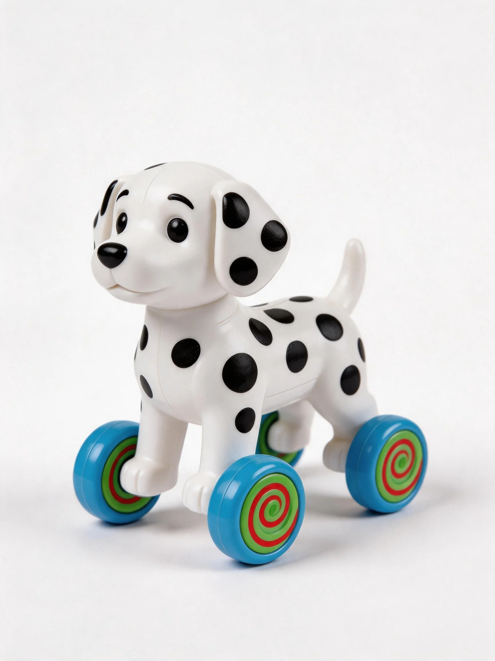 A white spotted Dalmatian pull-along toy with colorful wheels