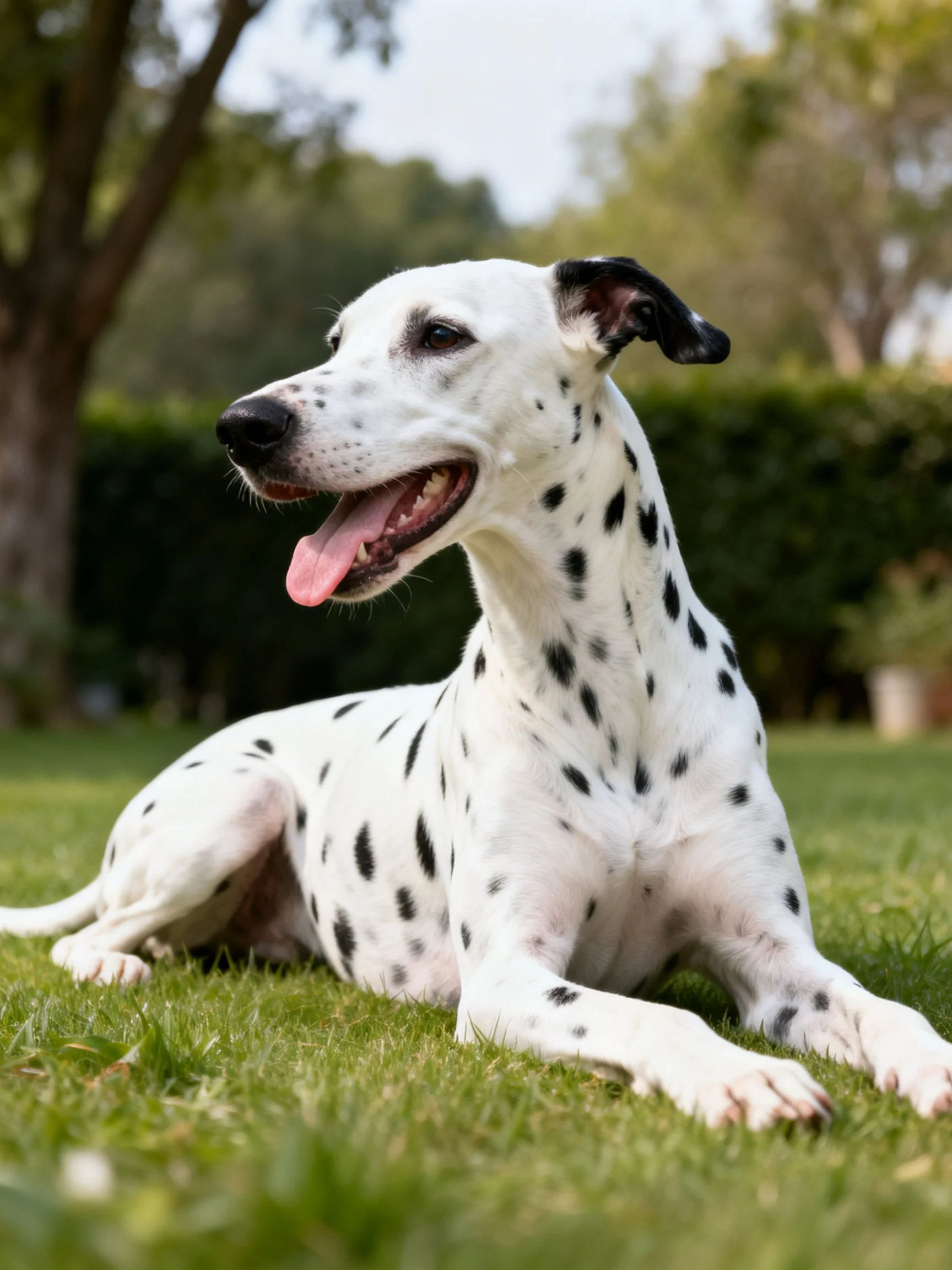 A white spotted Dalmatian rests on green grass near trees
