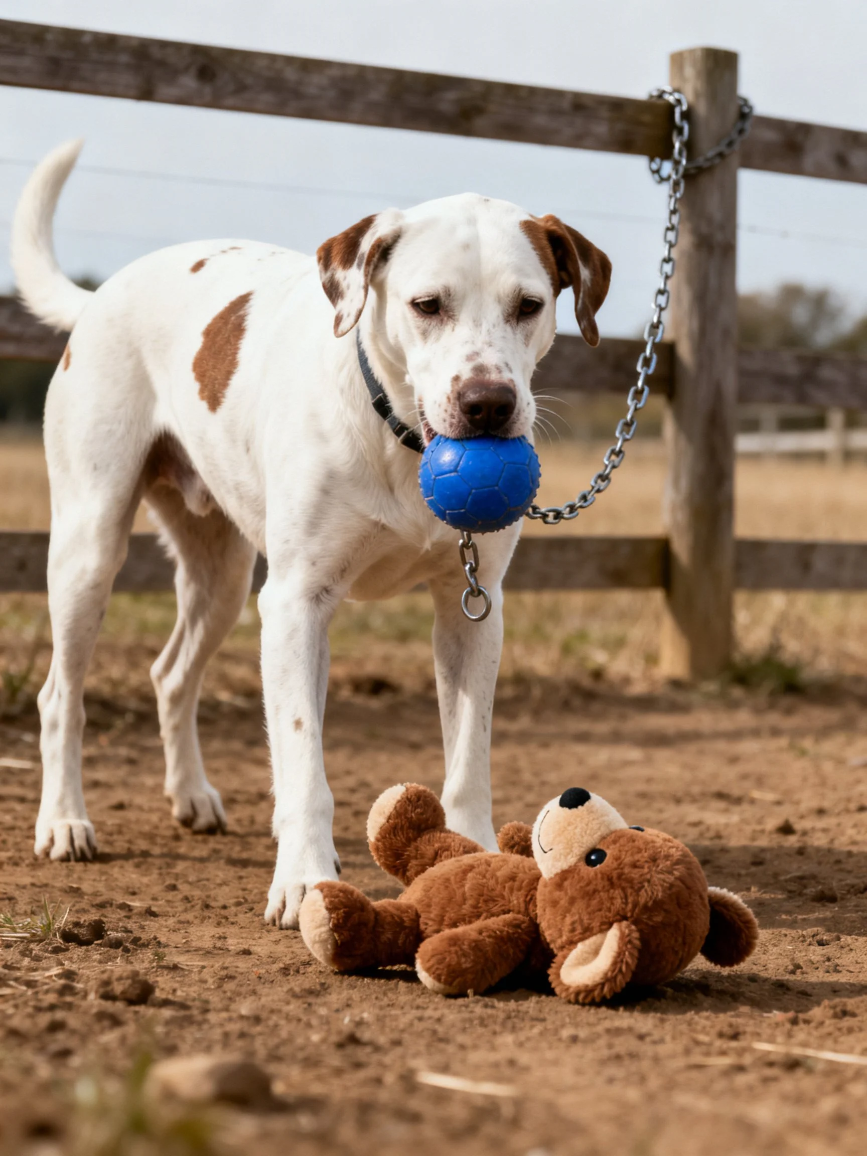 A white spotted dog holds a blue ball next to a brown teddy bear in an open area.