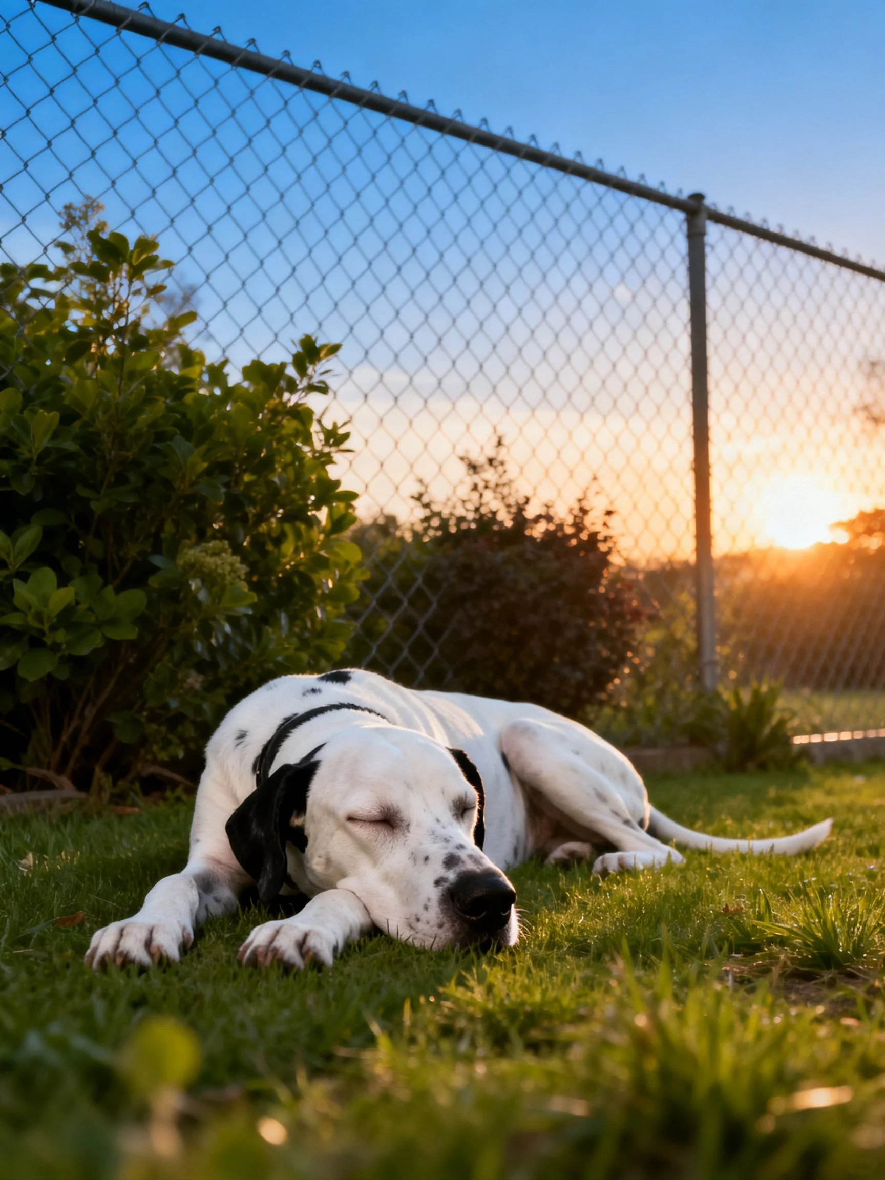 A white spotted dog sleeps on grass beside a chain-link fence during sunset.
