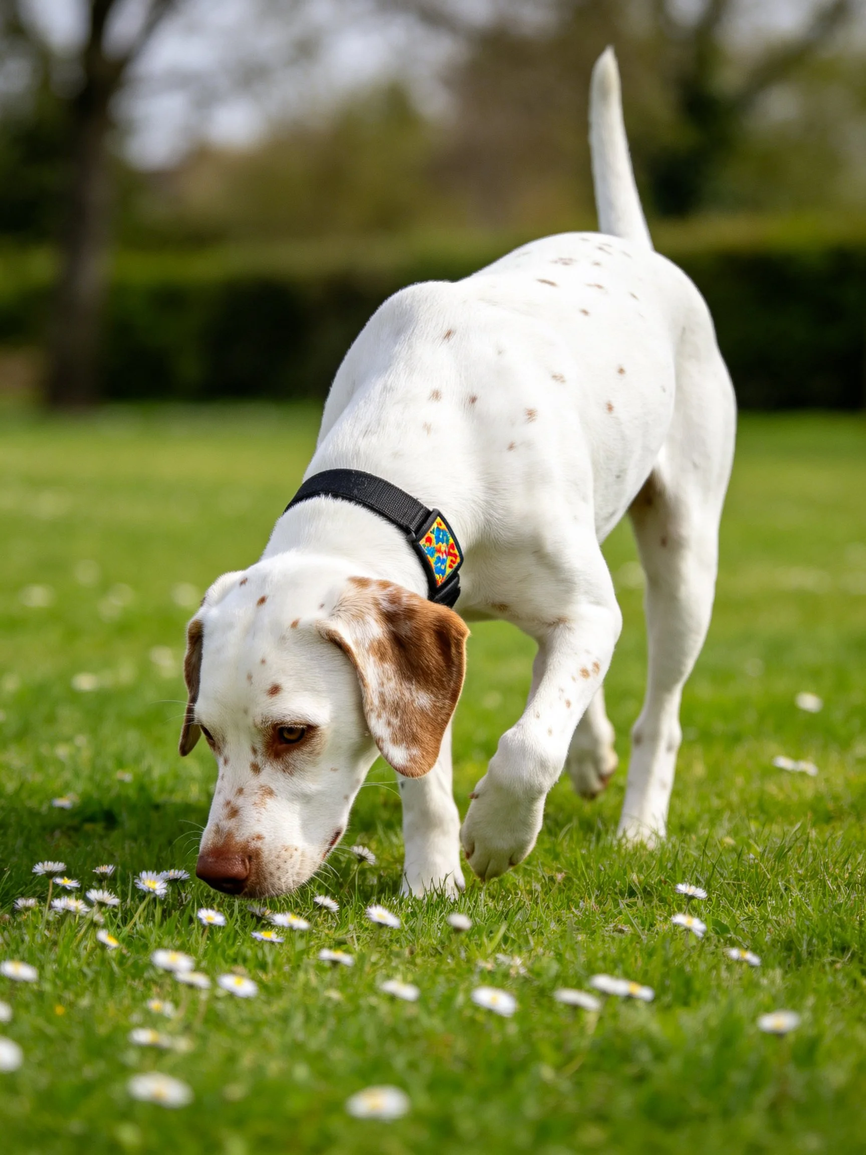 A white spotted dog explores a meadow dotted with daisies