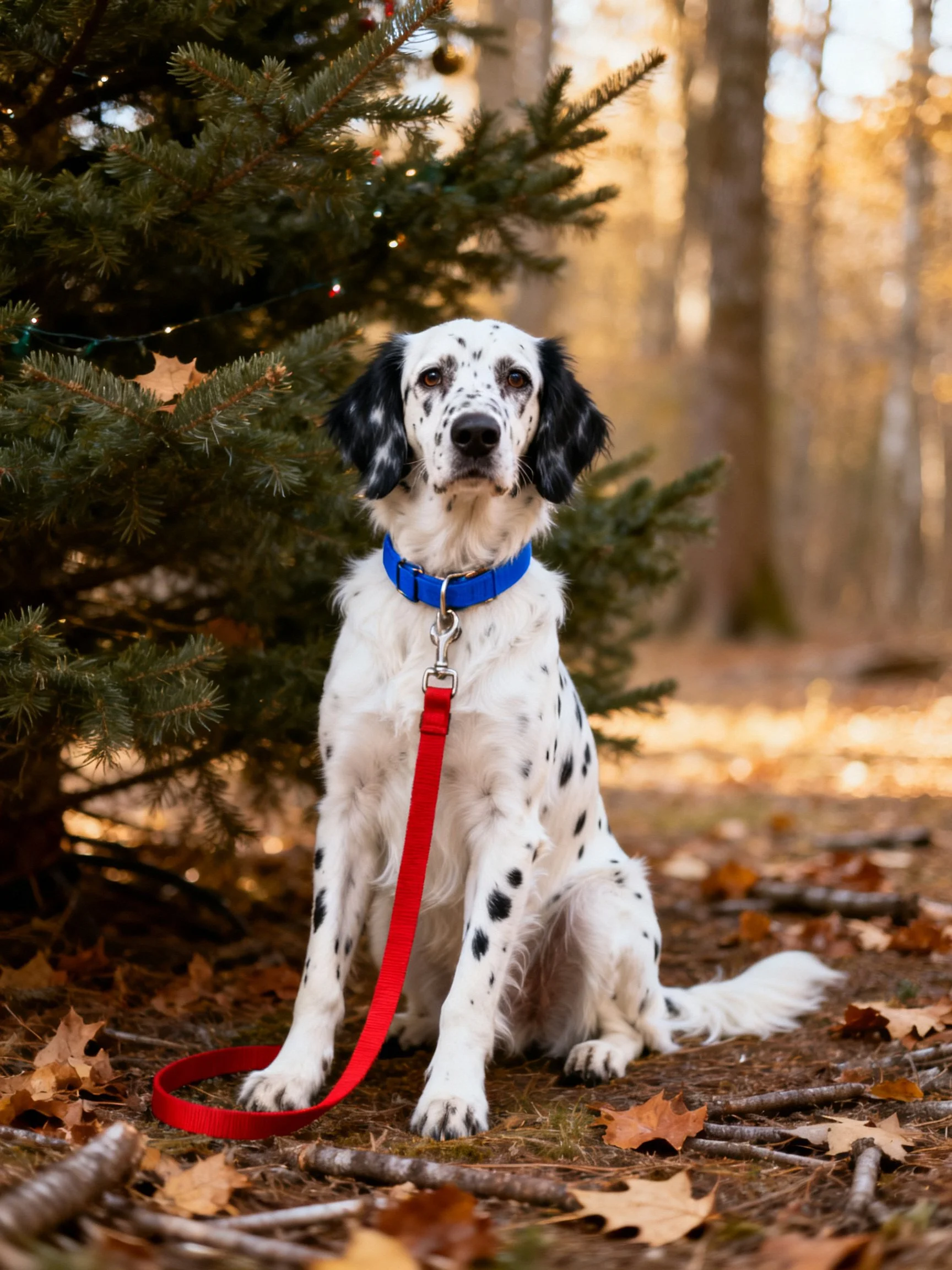 A white-spotted dog with a blue collar sits next to a pine tree with a red leash in a forest.