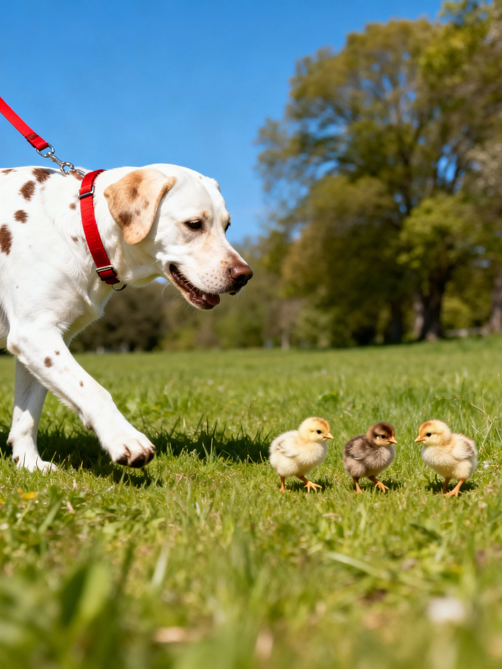 A white spotted dog with red collar approaches three chicks on green grass