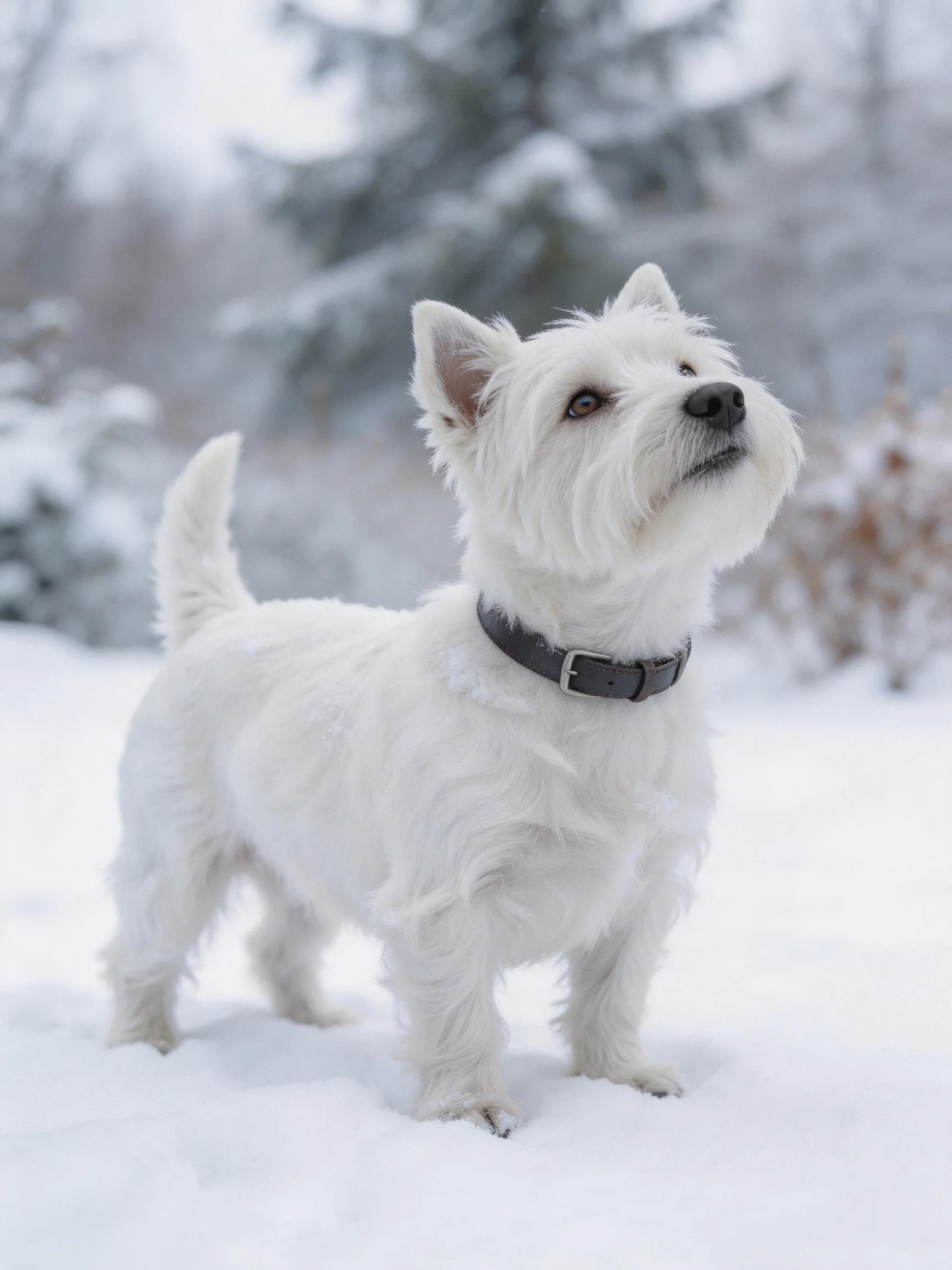 A small white terrier stands alertly in a snowy outdoor setting.