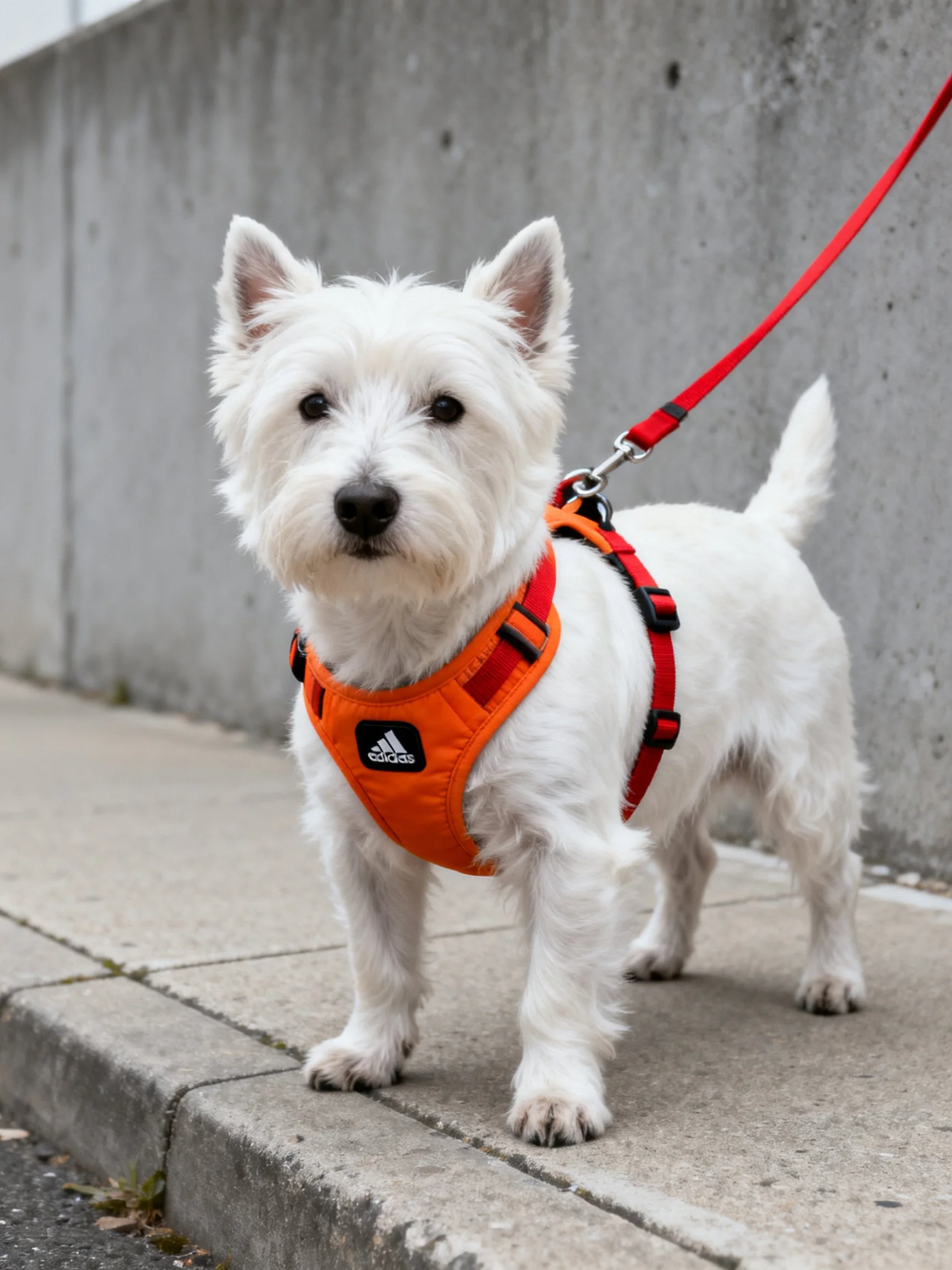 A white terrier dog stands on a sidewalk with an orange harness and red leash.