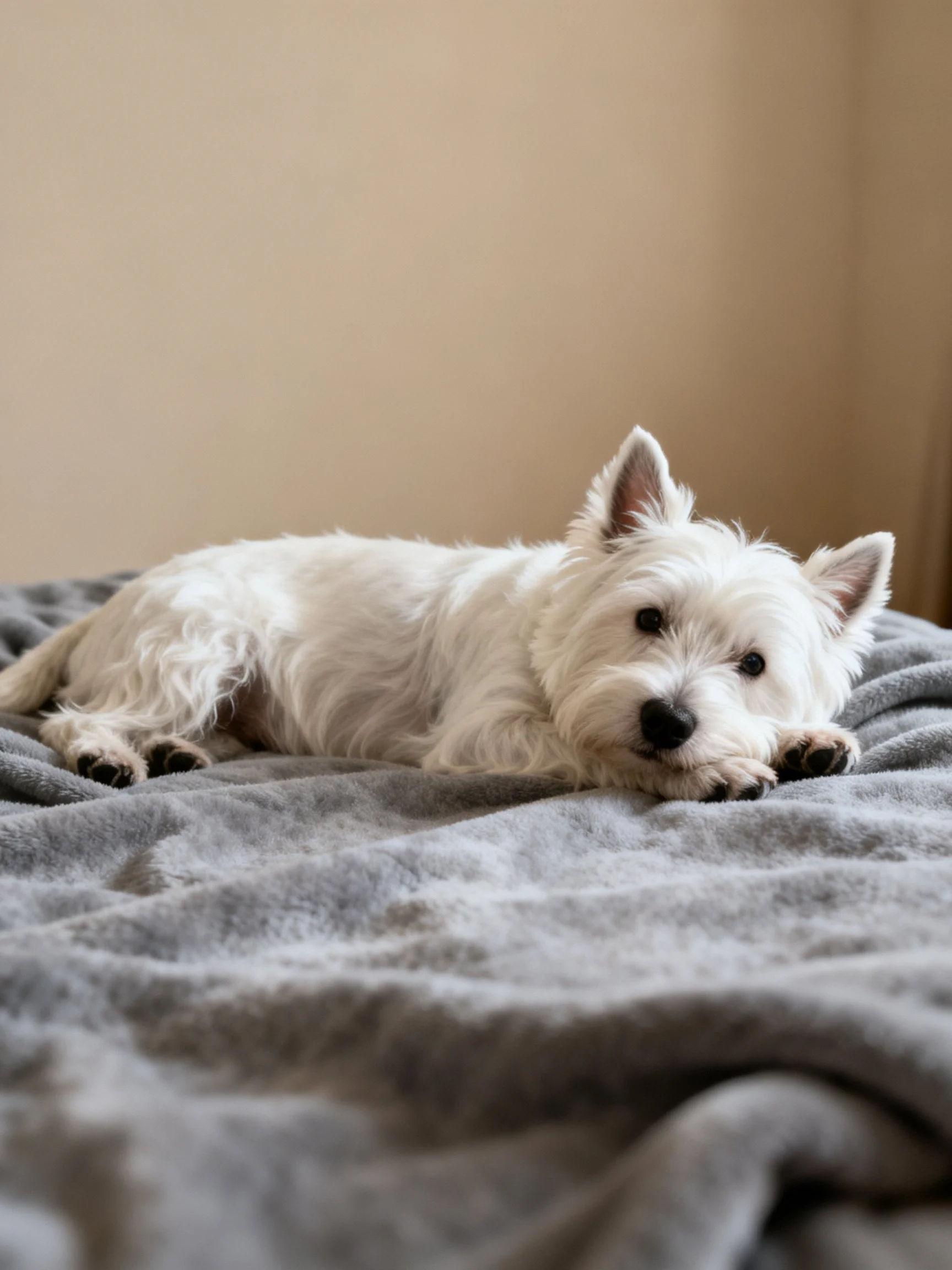 A small white dog relaxes on a gray blanket in an indoor setting.