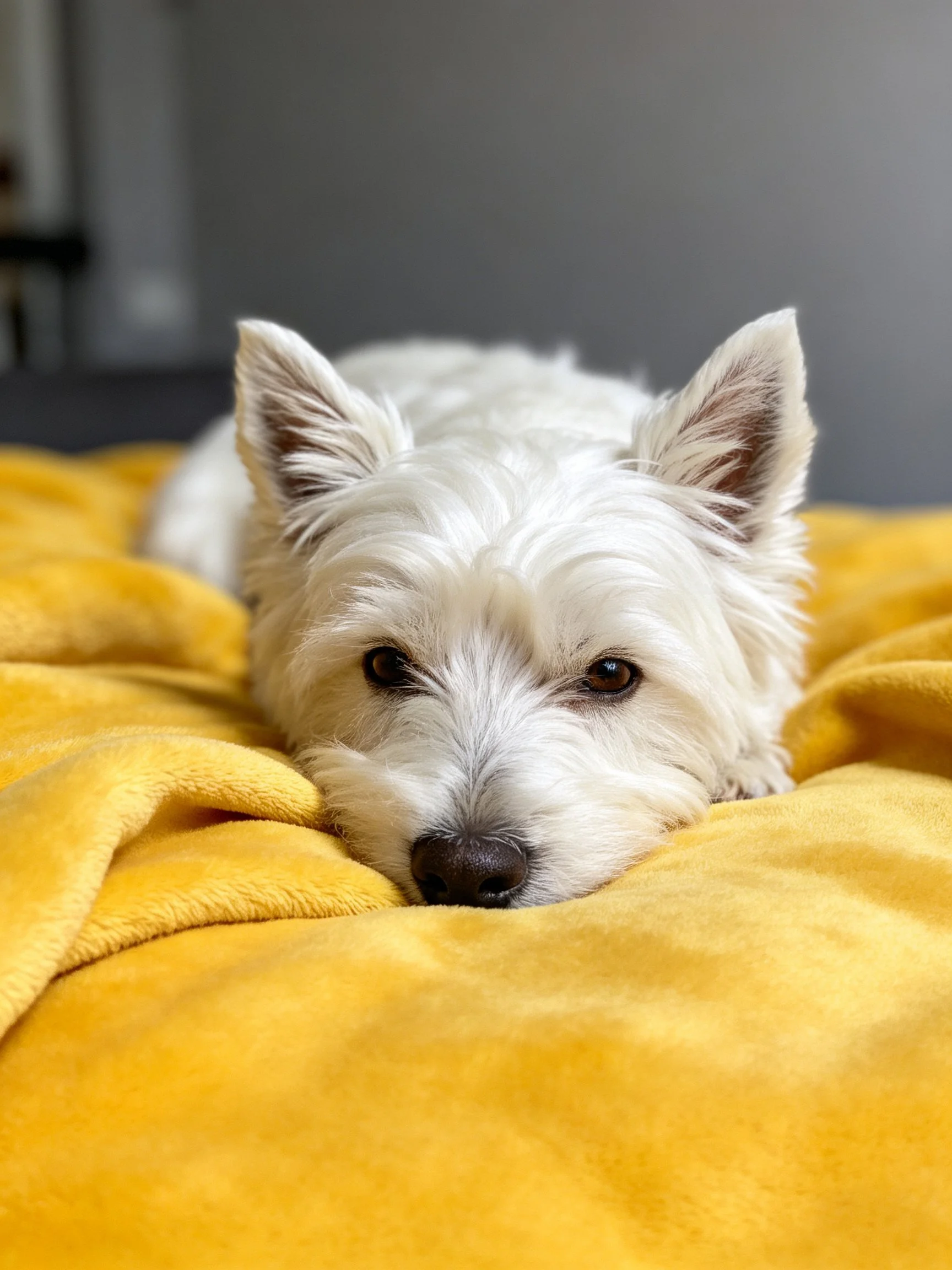 A white terrier lies comfortably on a yellow blanket