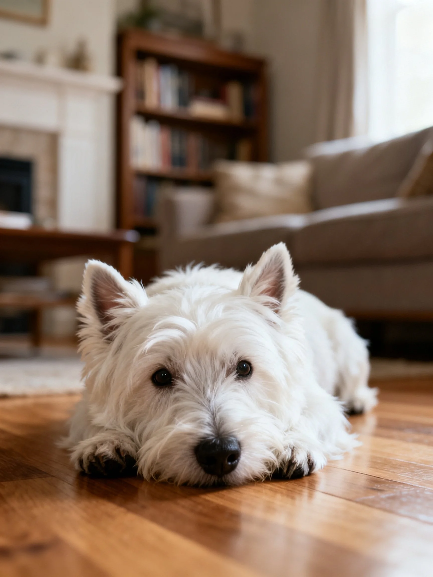 A white terrier relaxes on polished wood flooring in a cozy living room setting