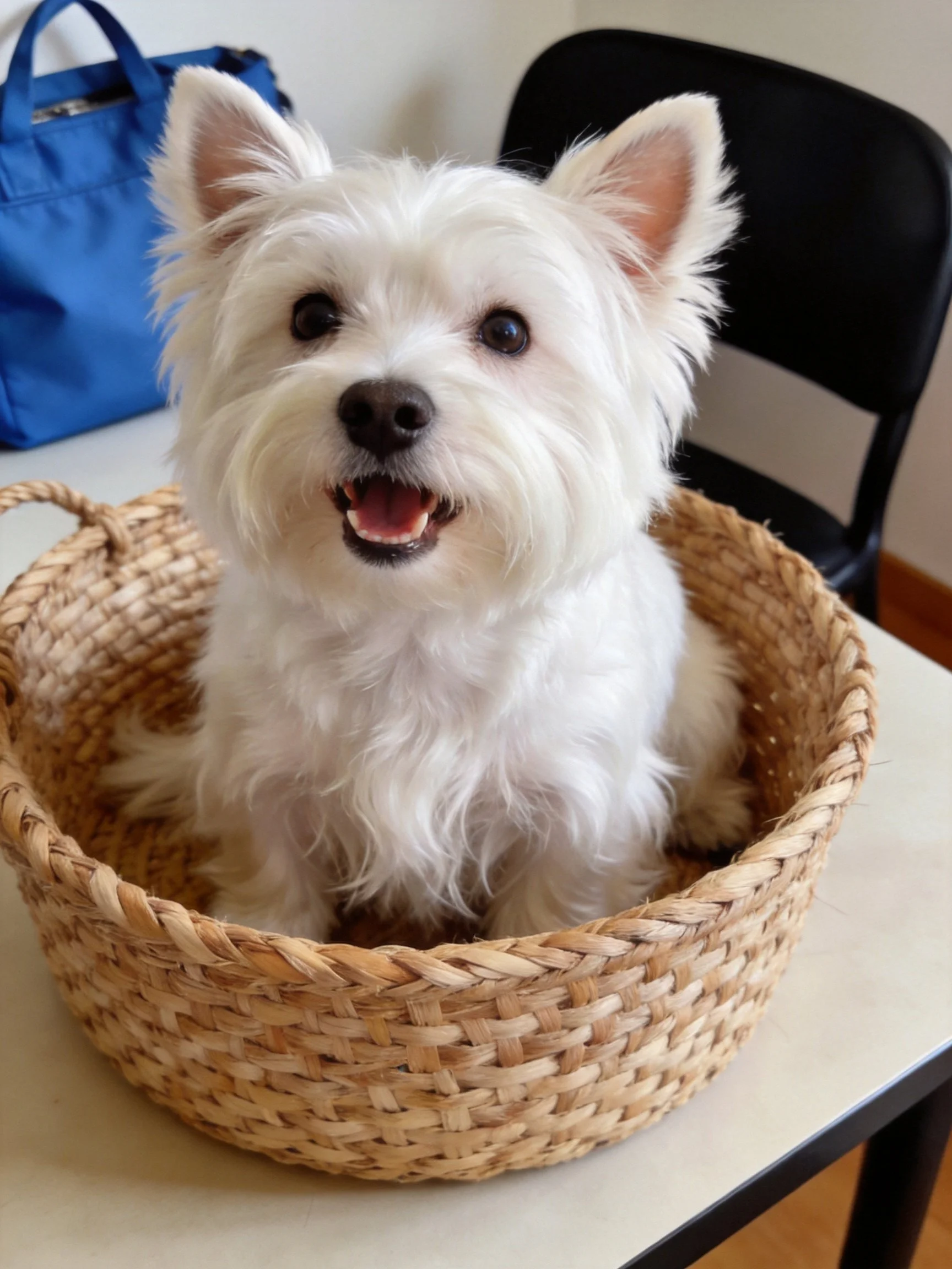 A white terrier sits contentedly in a woven basket near a blue bag