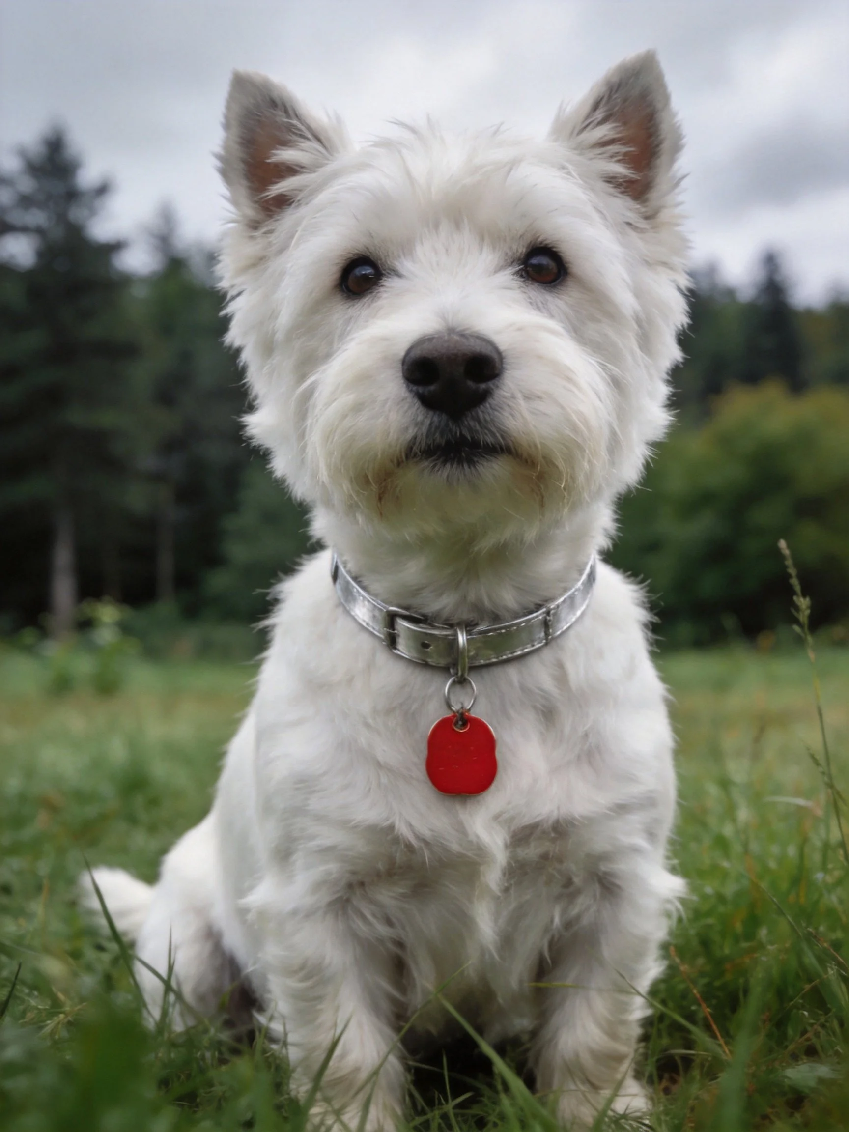 A white terrier sits calmly in a grassy outdoor setting with trees in the distance.