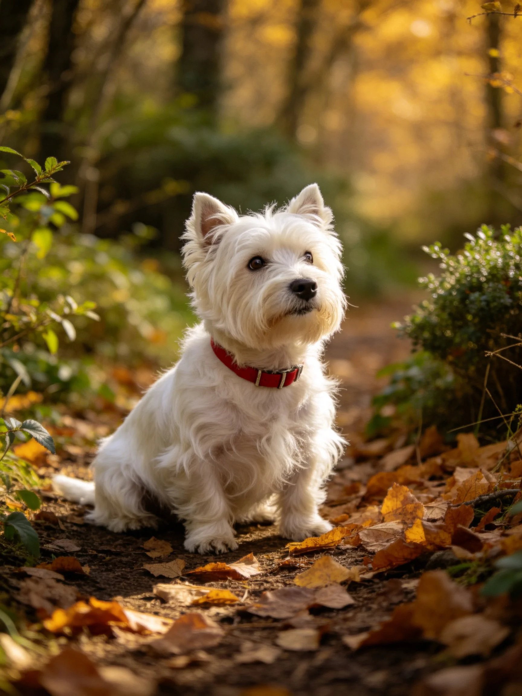 A white terrier sits among autumn leaves in a sunlit forest.