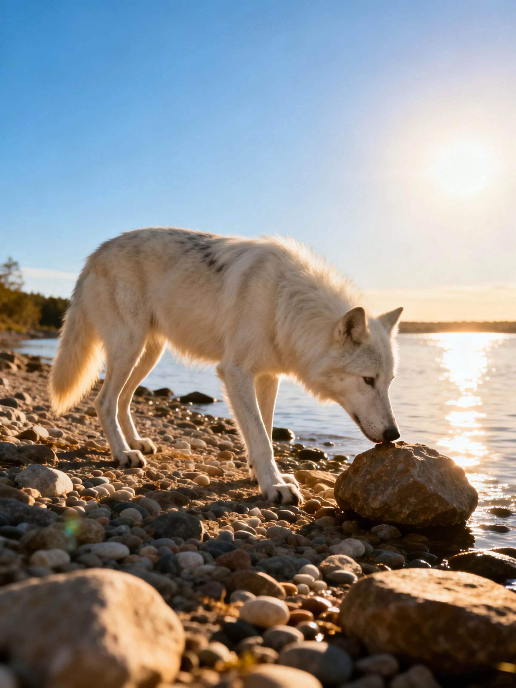 A white wolf sniffs a rock along a rocky lakeshore.