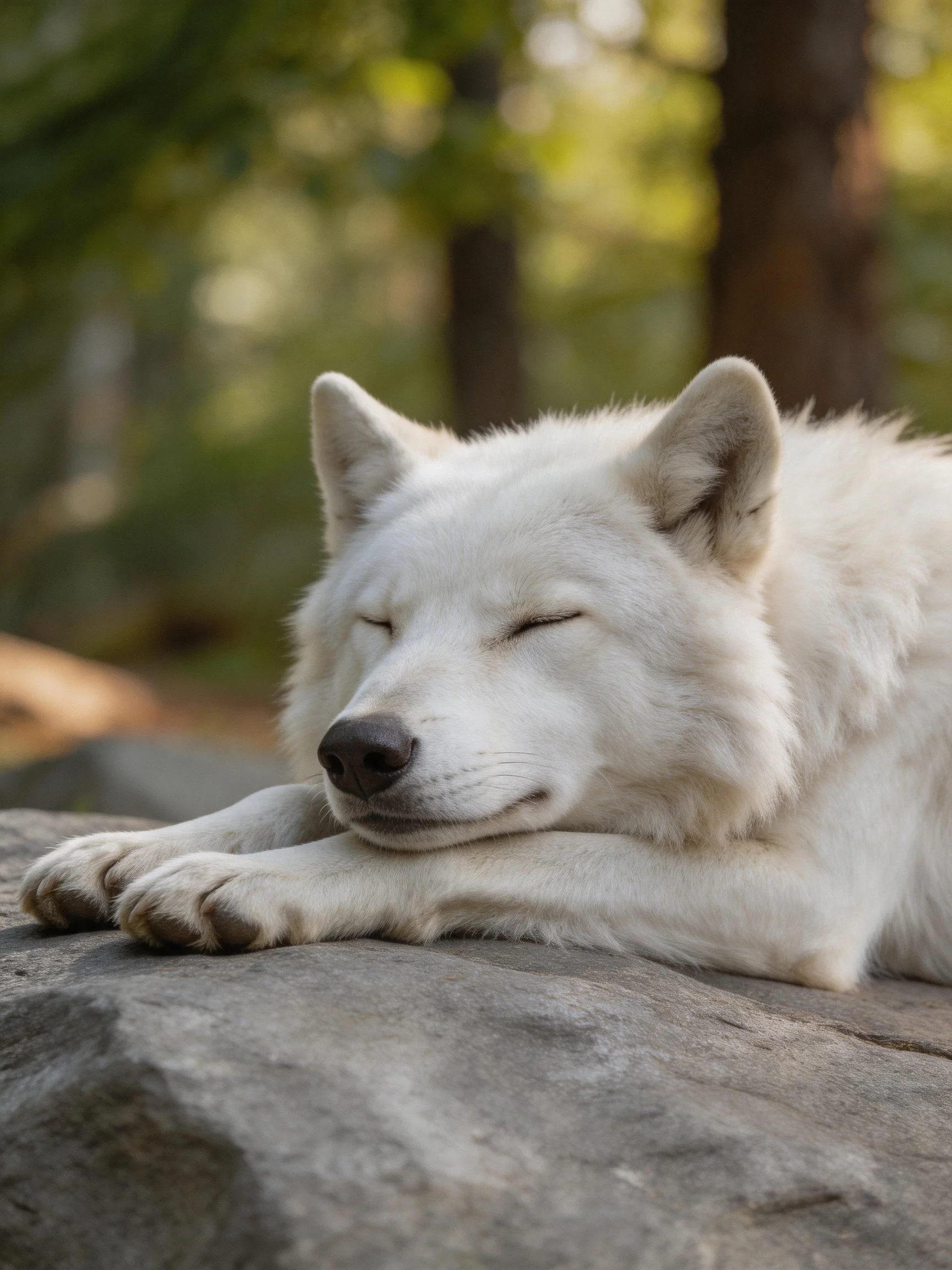A white wolf sleeps peacefully on a rock in a sun-dappled forest