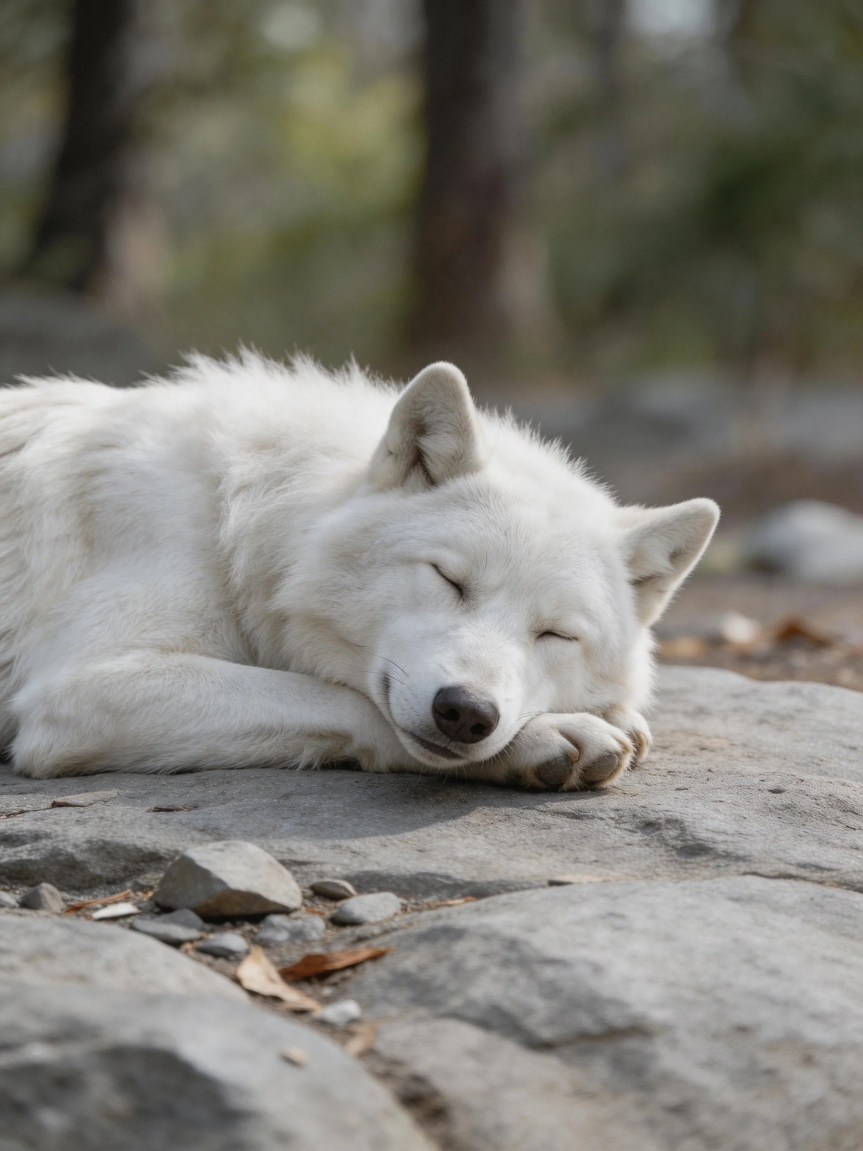 A white wolf naps on gray rocks amid a natural setting