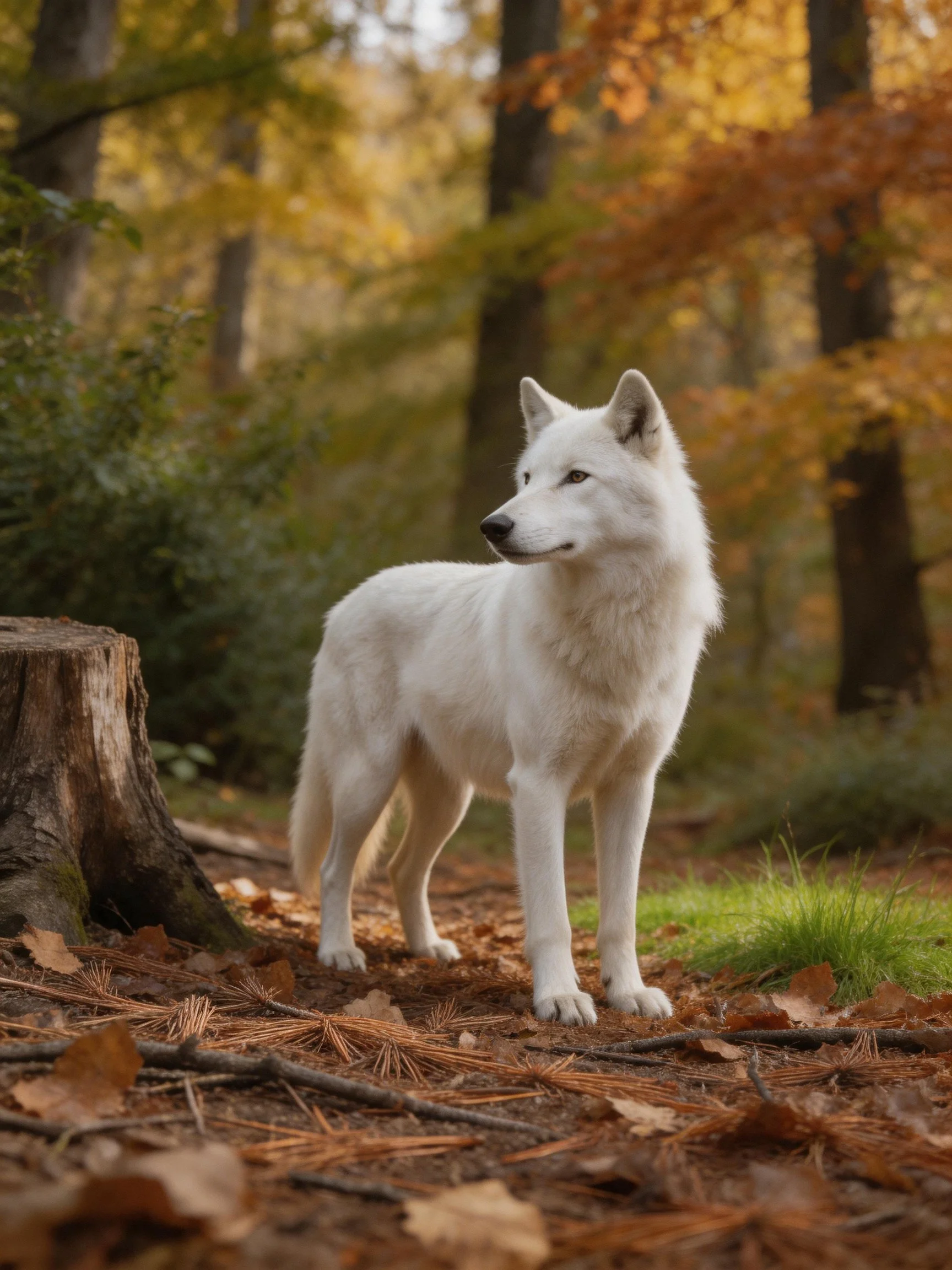 A white wolf stands alert in a sun-dappled autumn forest.