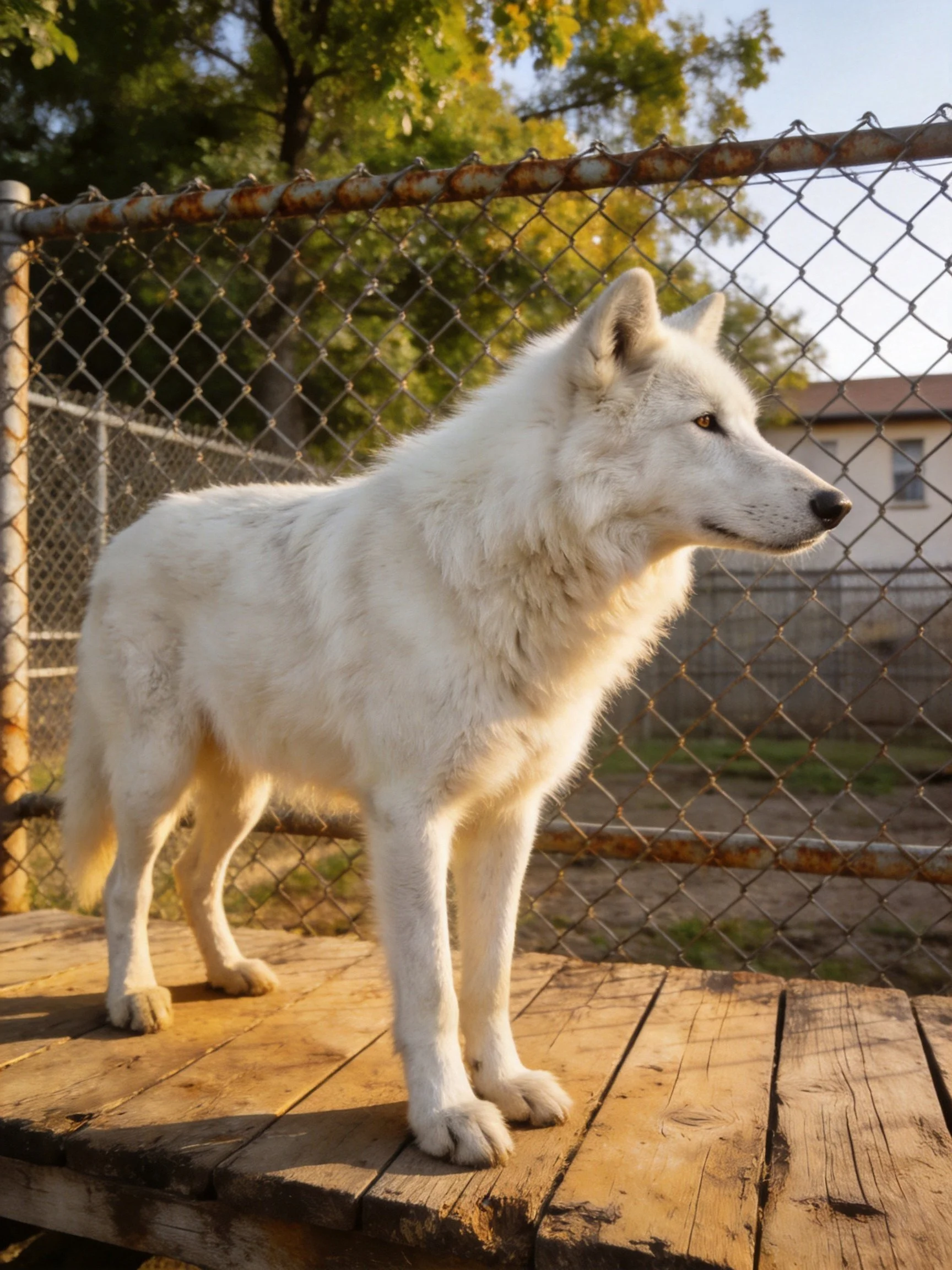 A white wolf stands on a wooden platform beside a chain-link fence in a sunlit area.