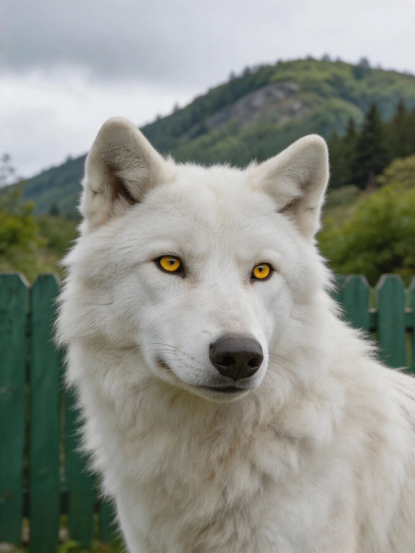 A white wolf with vivid yellow eyes is near a green fence with a mountainous landscape