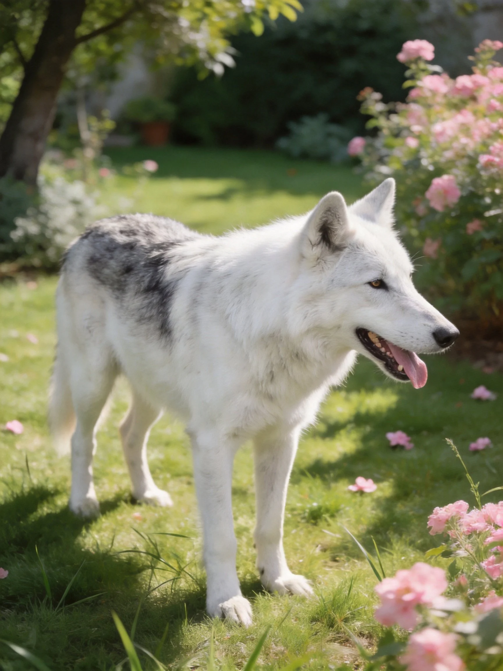 A white wolf roams a garden filled with pink blooms