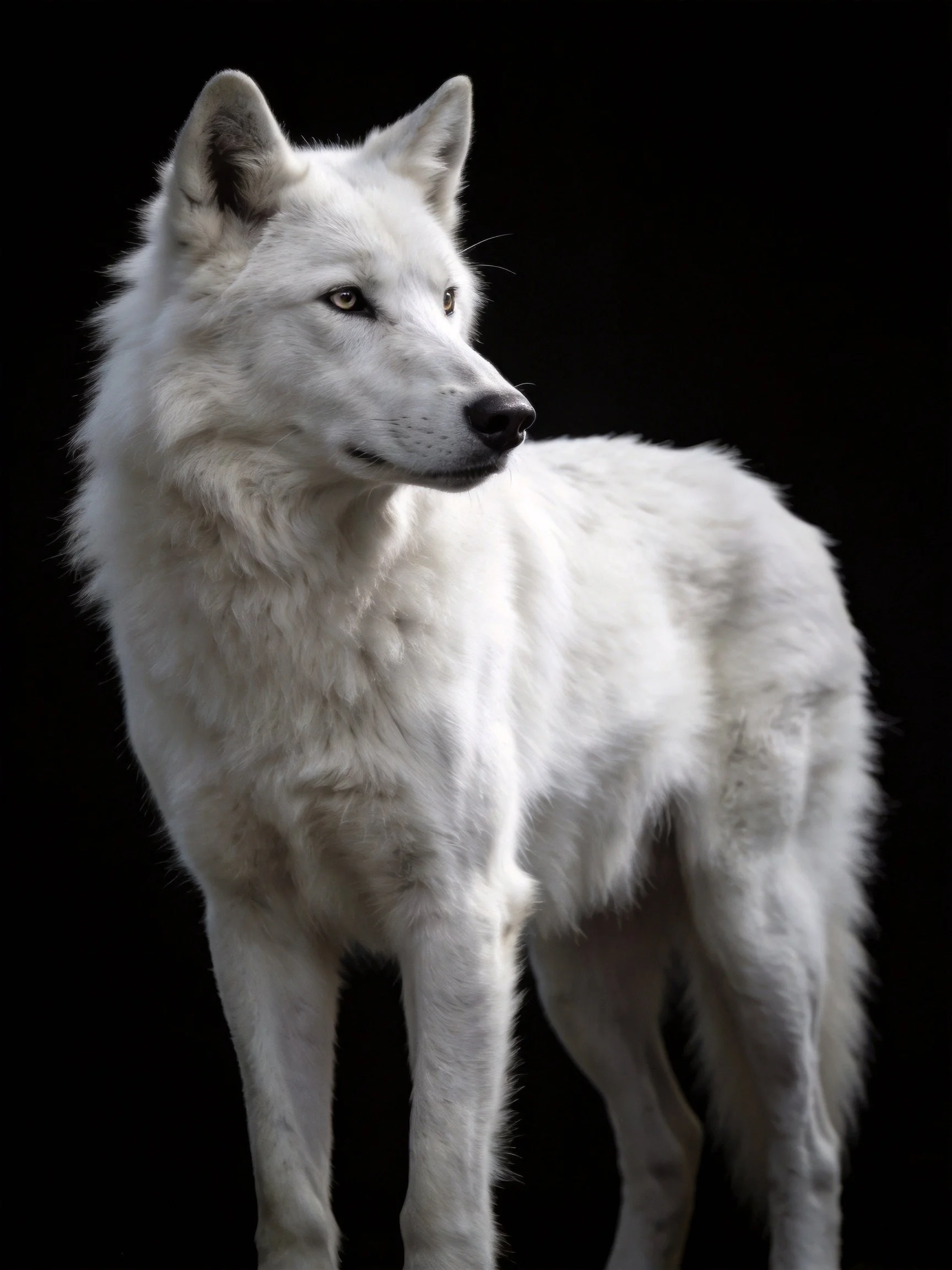 A white wolf with thick fur stands out against a black background.