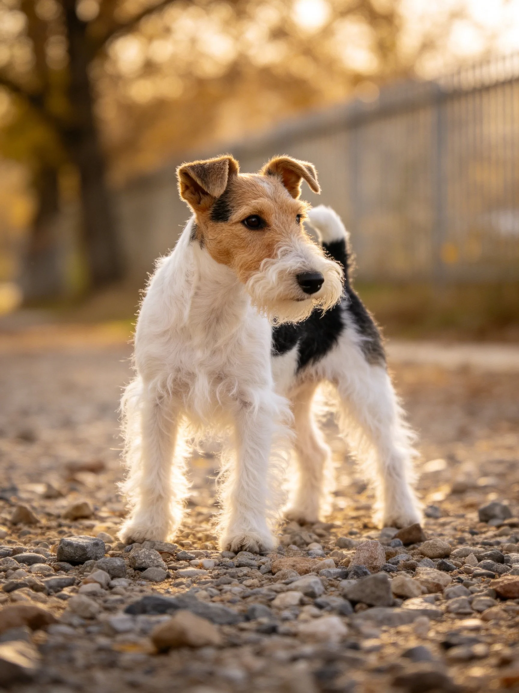 A wire fox terrier puppy stands on a gravel path near a fence.