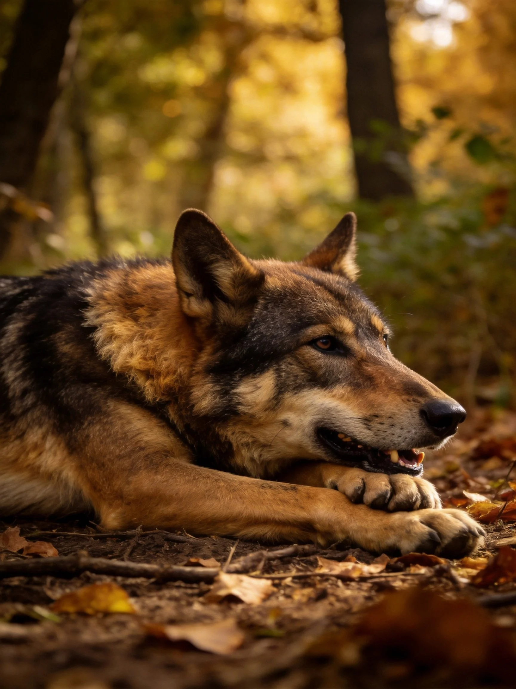 A wolf-dog relaxes on the forest floor amidst autumn foliage under warm sunlight.
