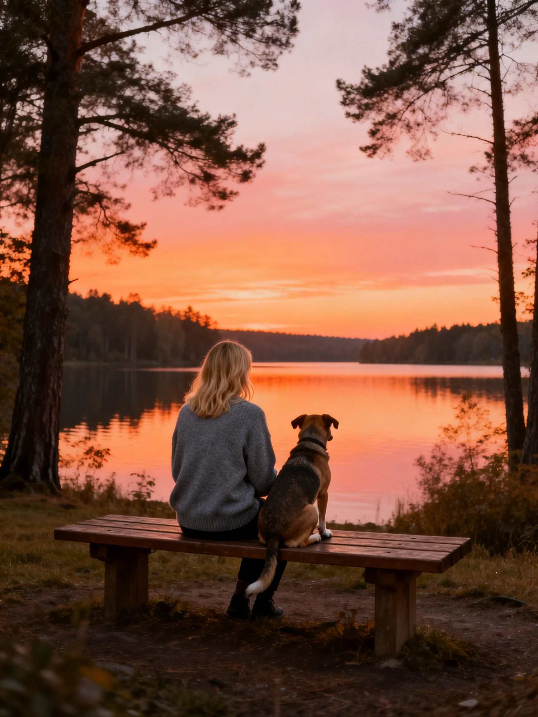 A woman and her dog observe a serene lake at sunset from a bench.
