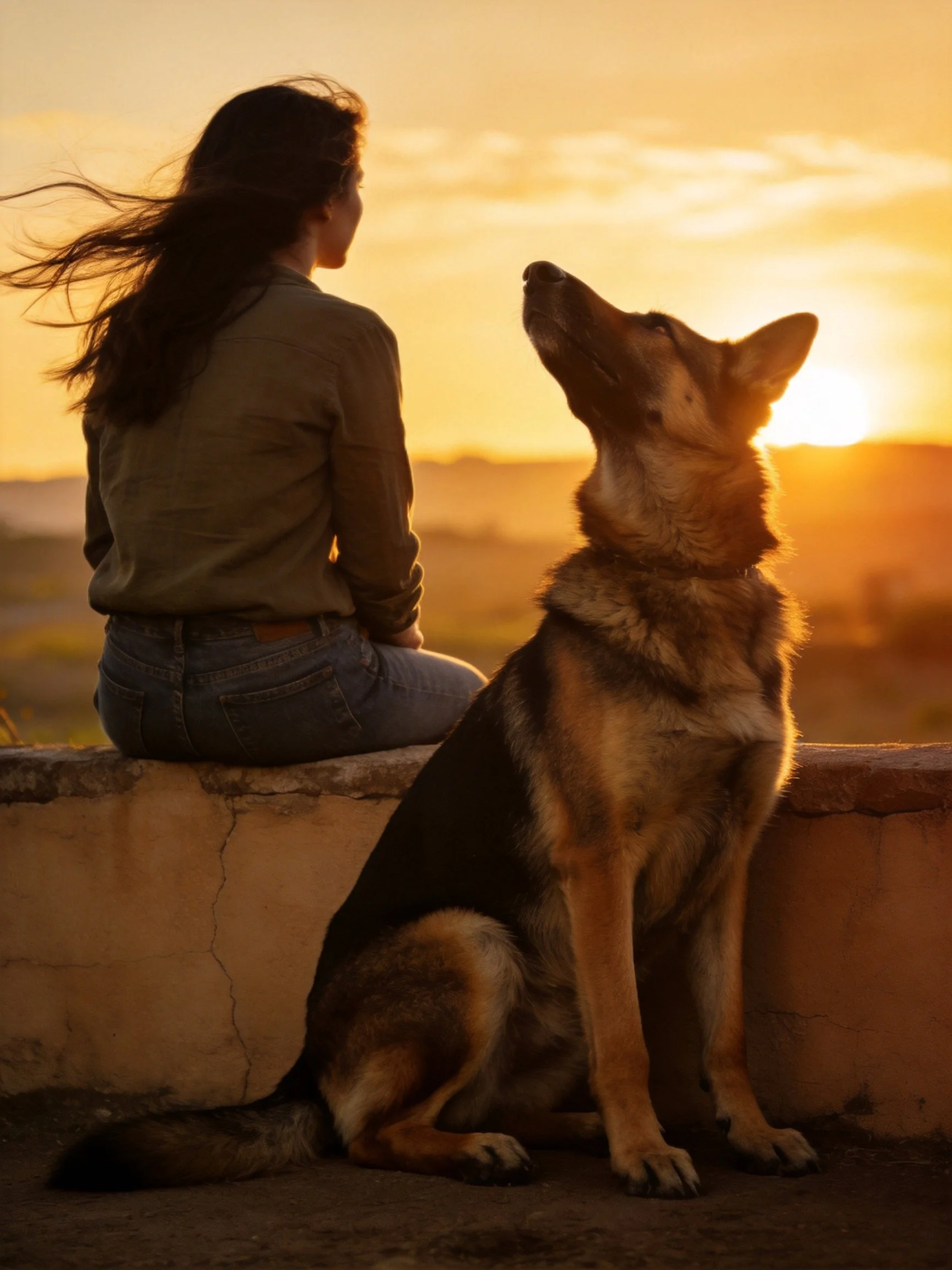 A woman and her German Shepherd sit together watching the sunset
