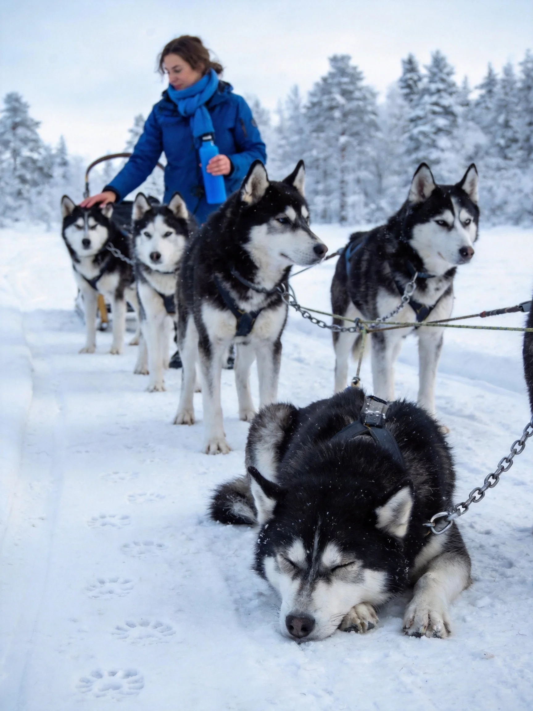 A woman guiding sled dogs through snowy forest landscape
