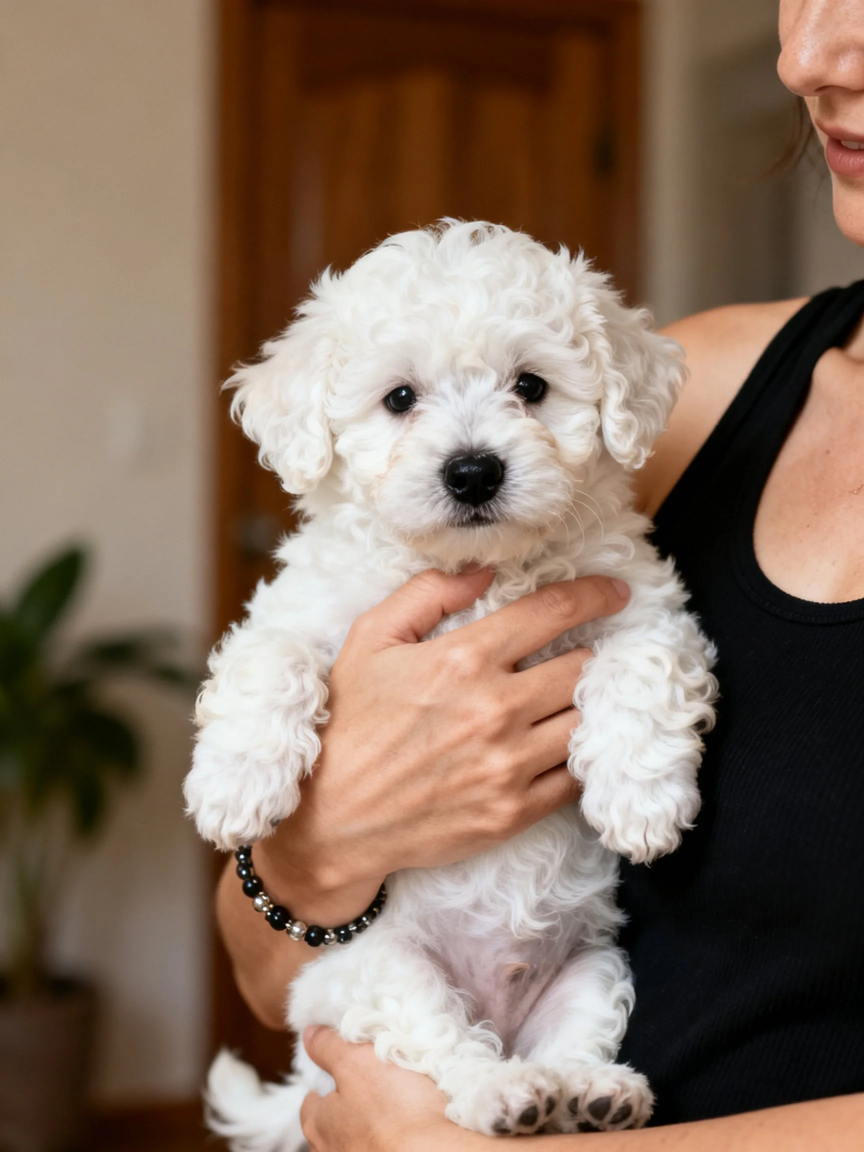 A woman holds a small white curly-haired puppy inside a home.