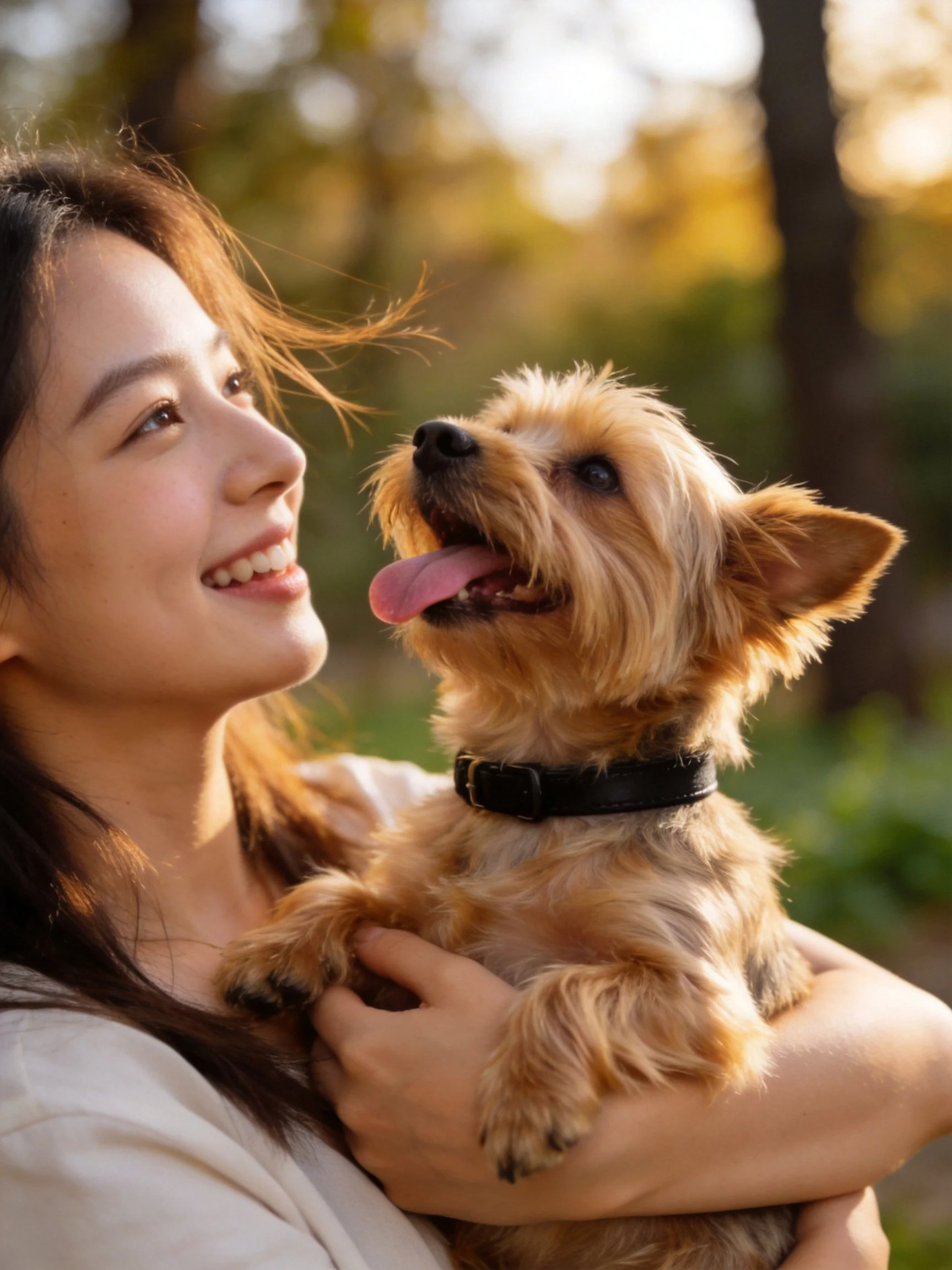 A woman smiles while holding a cheerful small dog outdoors.