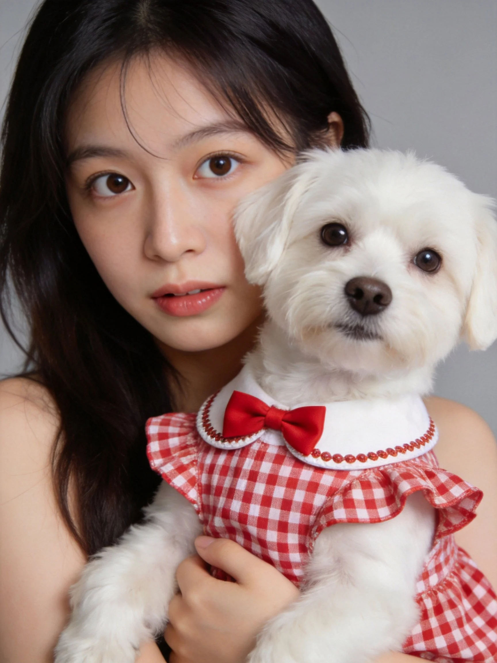 A woman cradles a small white dog wearing a red and white checkered outfit.