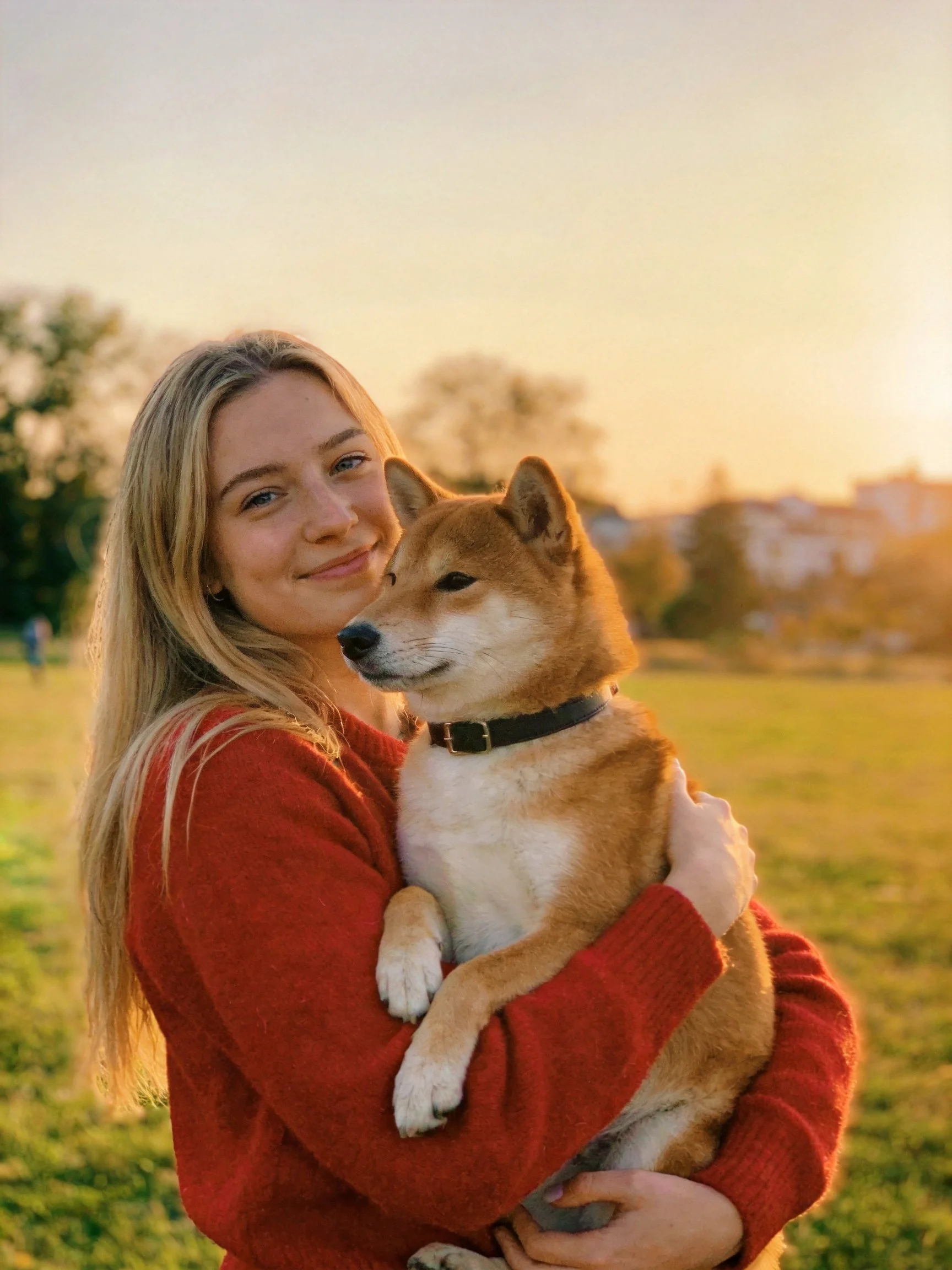 A woman holds a tan Shiba Inu in a sunlit outdoor setting.