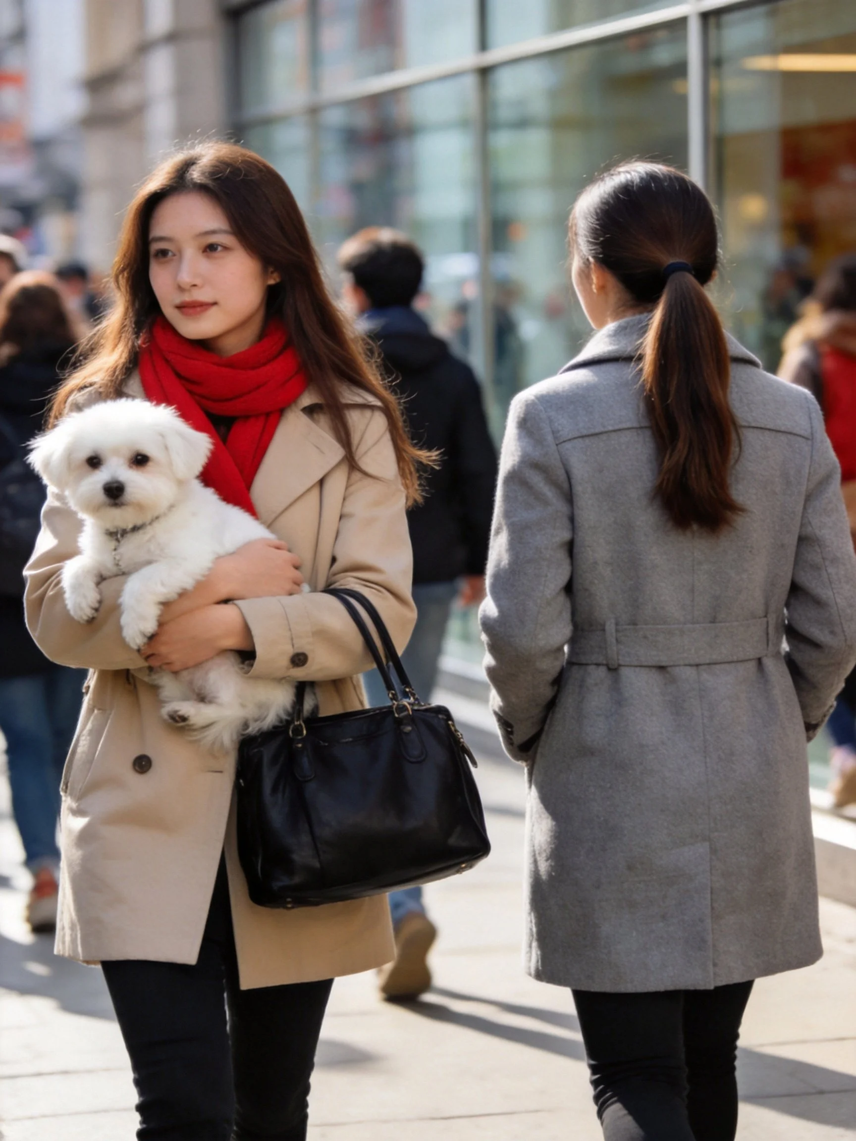 A woman carrying a small white dog walks past another woman in a gray coat