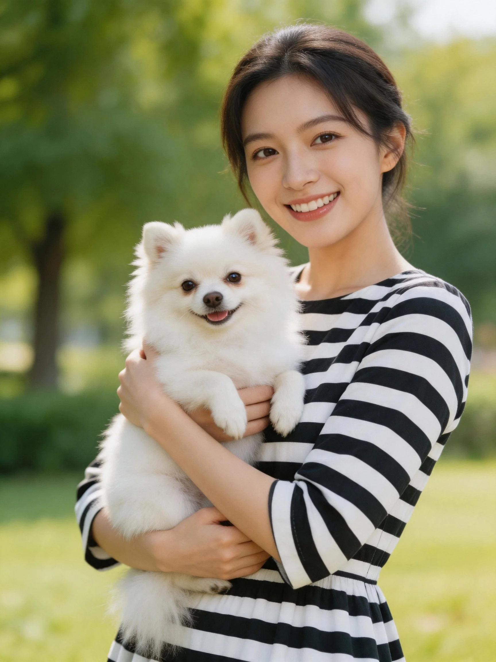 A woman holds a small white dog while wearing a striped dress in a green, outdoor environment.