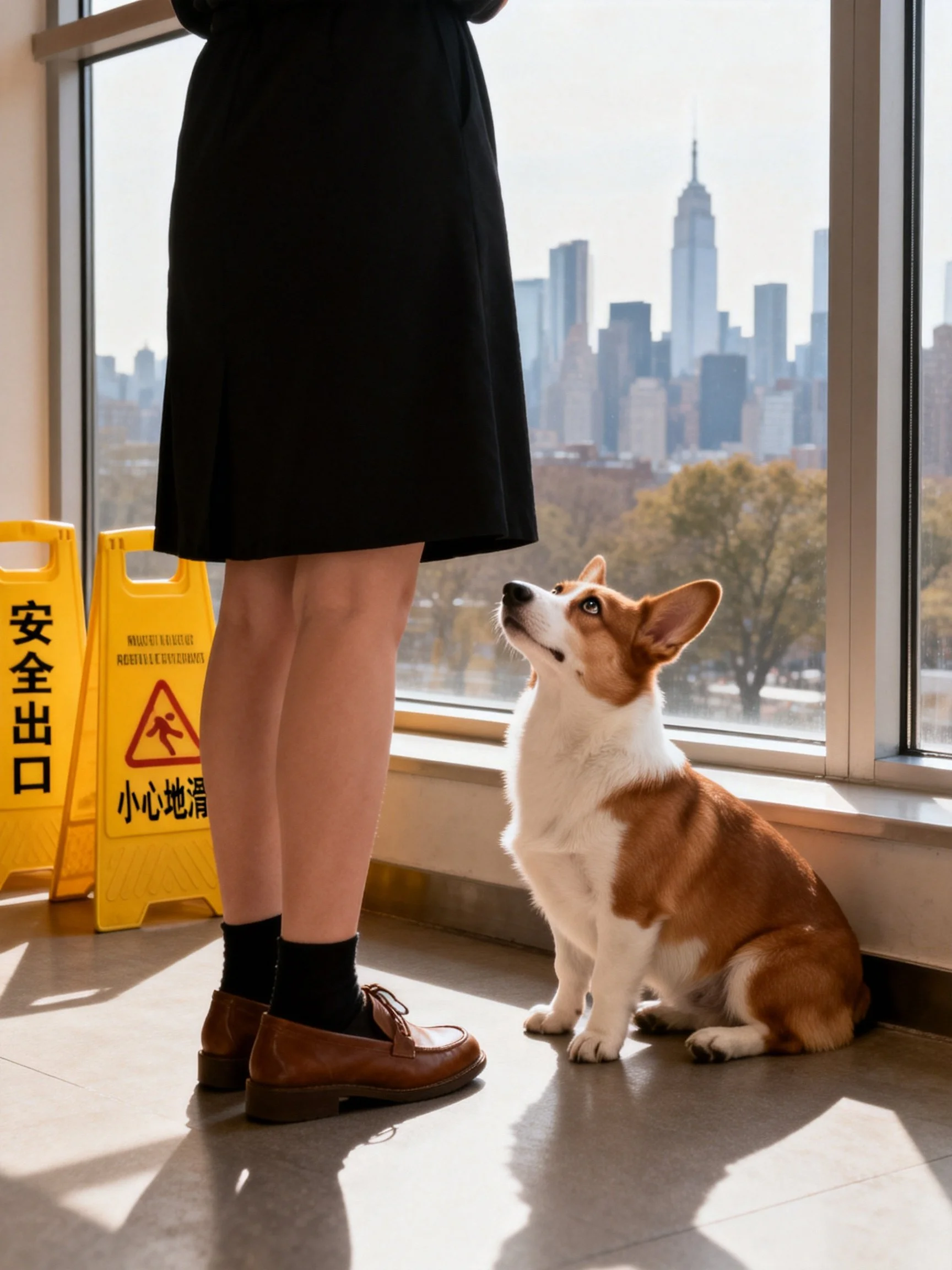 A woman stands near a corgi by large windows with a city skyline view