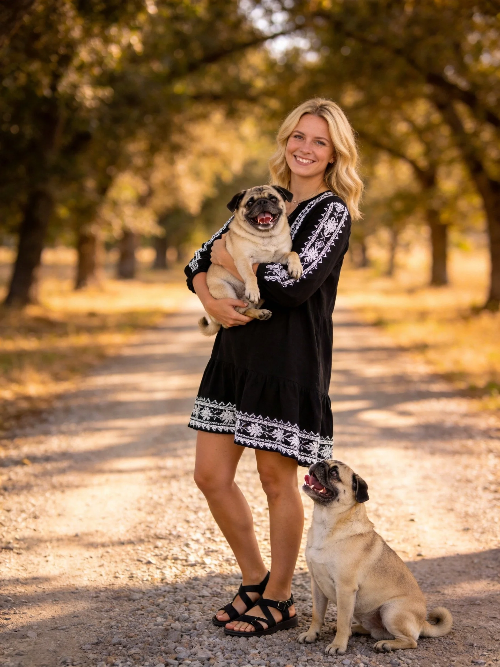 A woman in a black dress poses with two pugs on a sunlit gravel path surrounded by trees