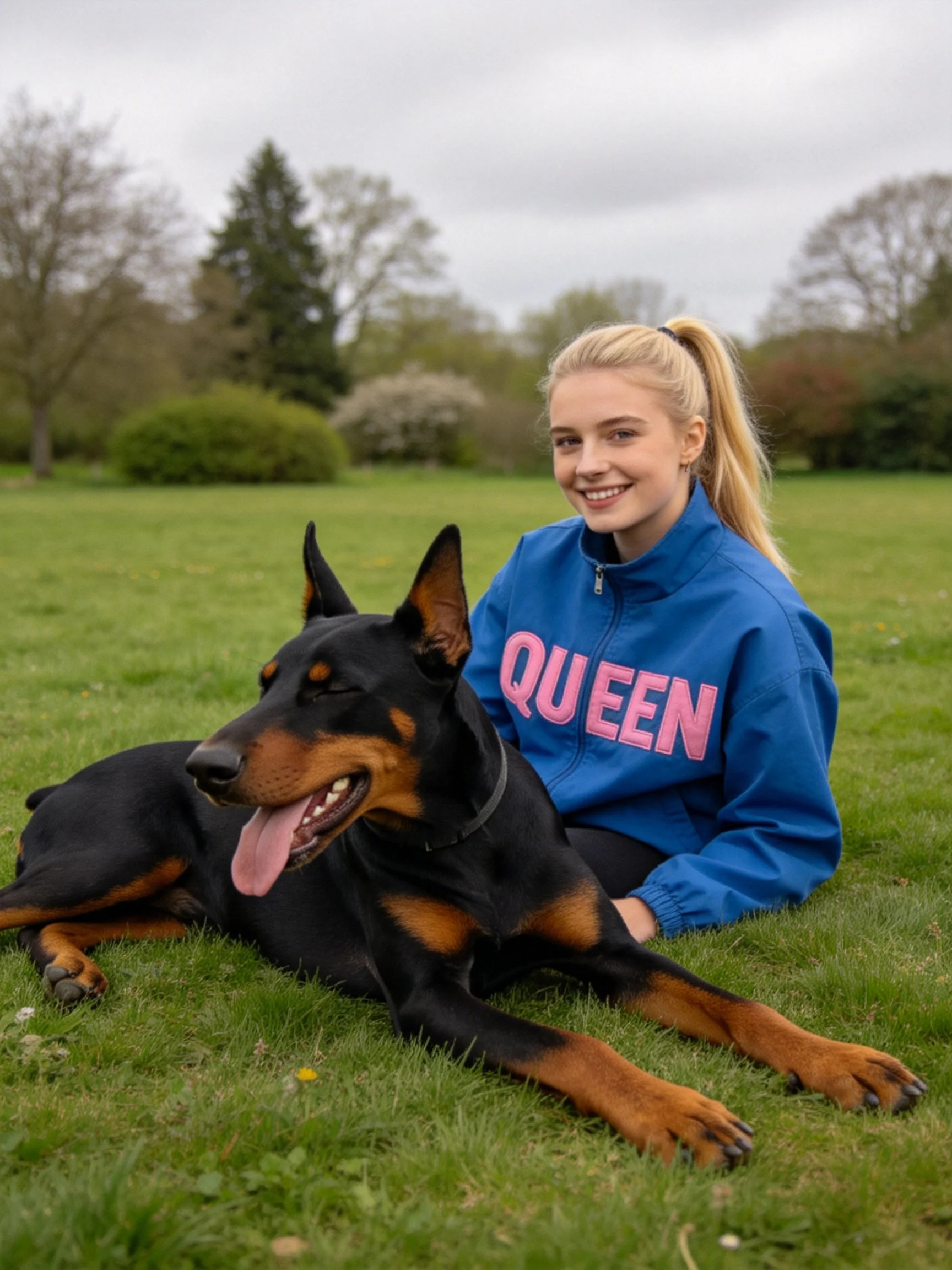 A woman in a blue Queen jacket sits beside a Doberman in a grassy park.