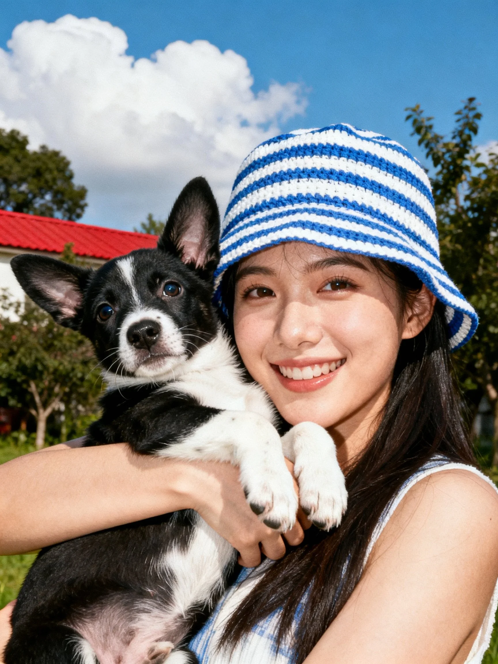 A smiling woman holds a black-and-white dog in an outdoor setting with a bright sky.
