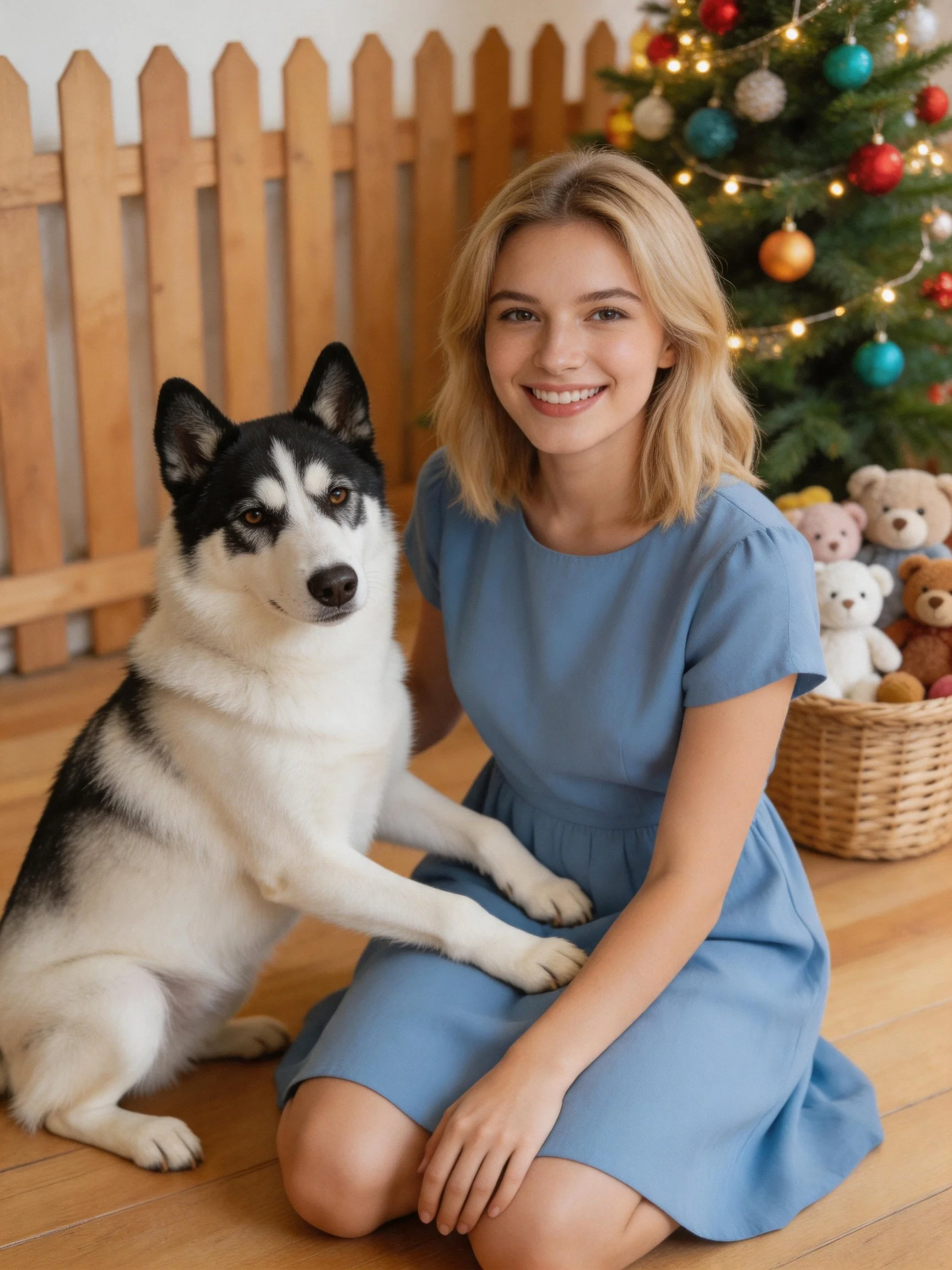 A woman in a blue dress sits with a black - white husky near a decorated Christmas tree