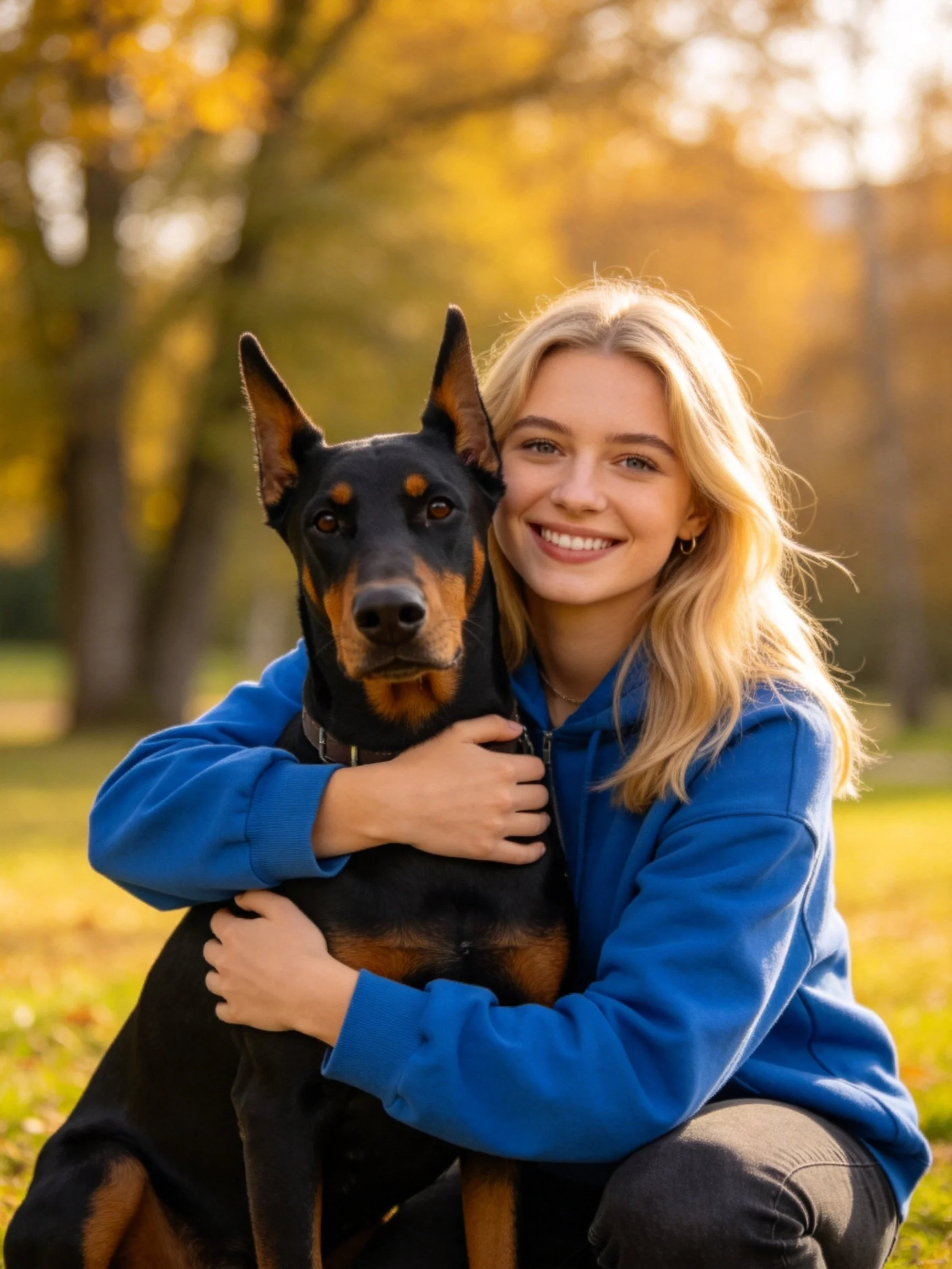 A woman in a blue hoodie shares a moment with her Doberman in a sunlit autumn park.