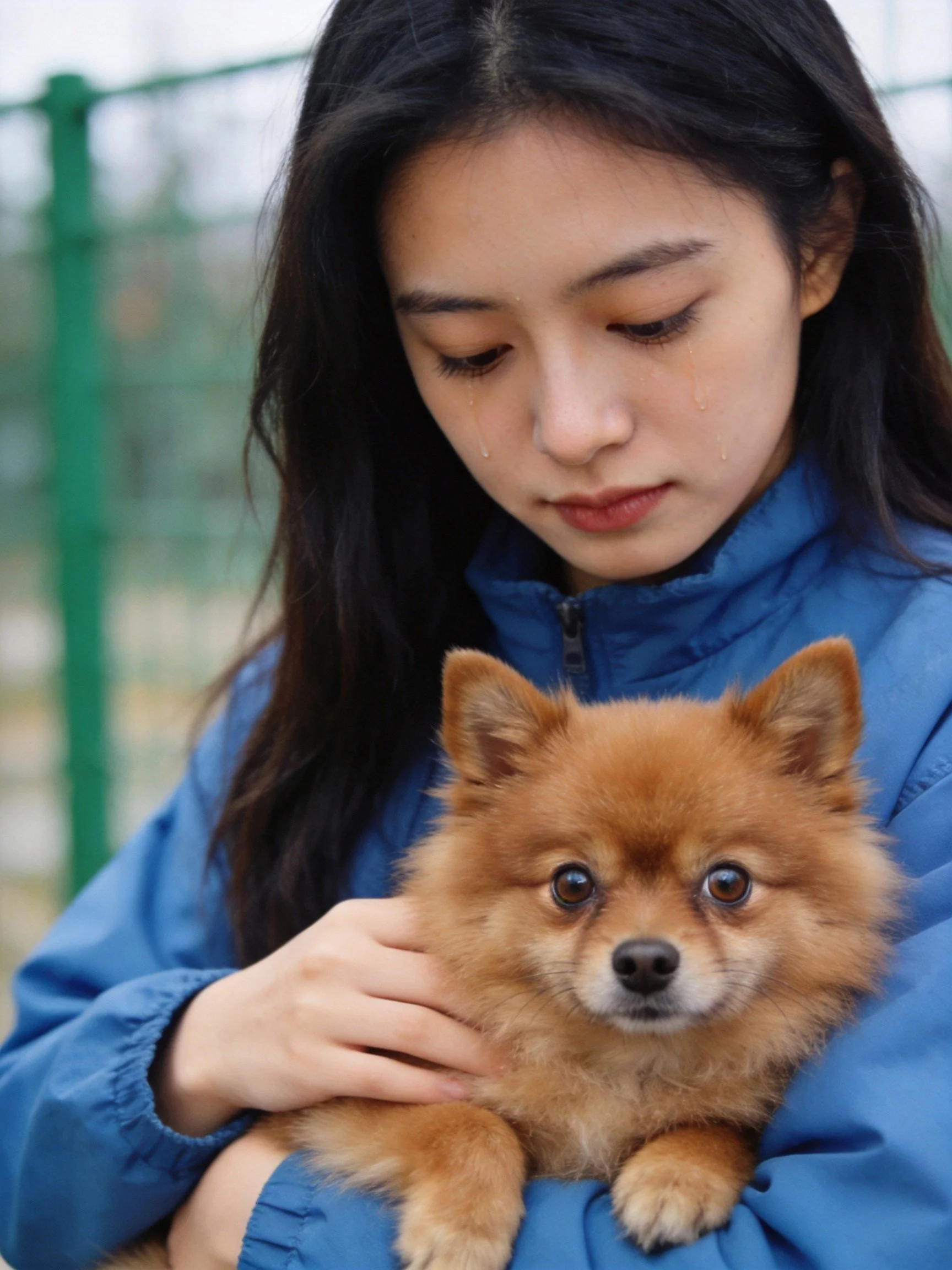 A woman in a blue jacket gently holds a small brown dog outside.