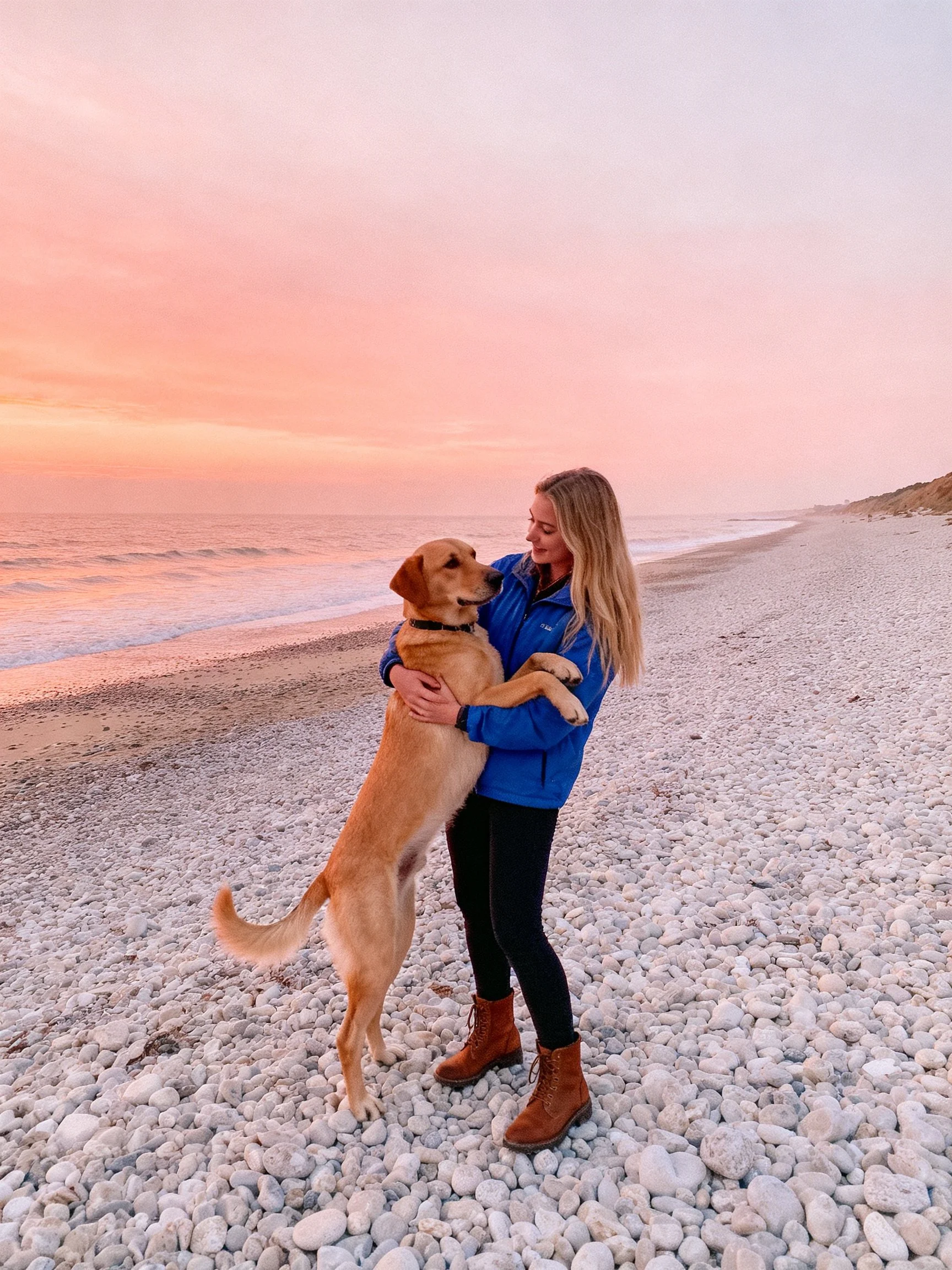 A woman hugs her dog on a pebbly beach near the shoreline at sunset.