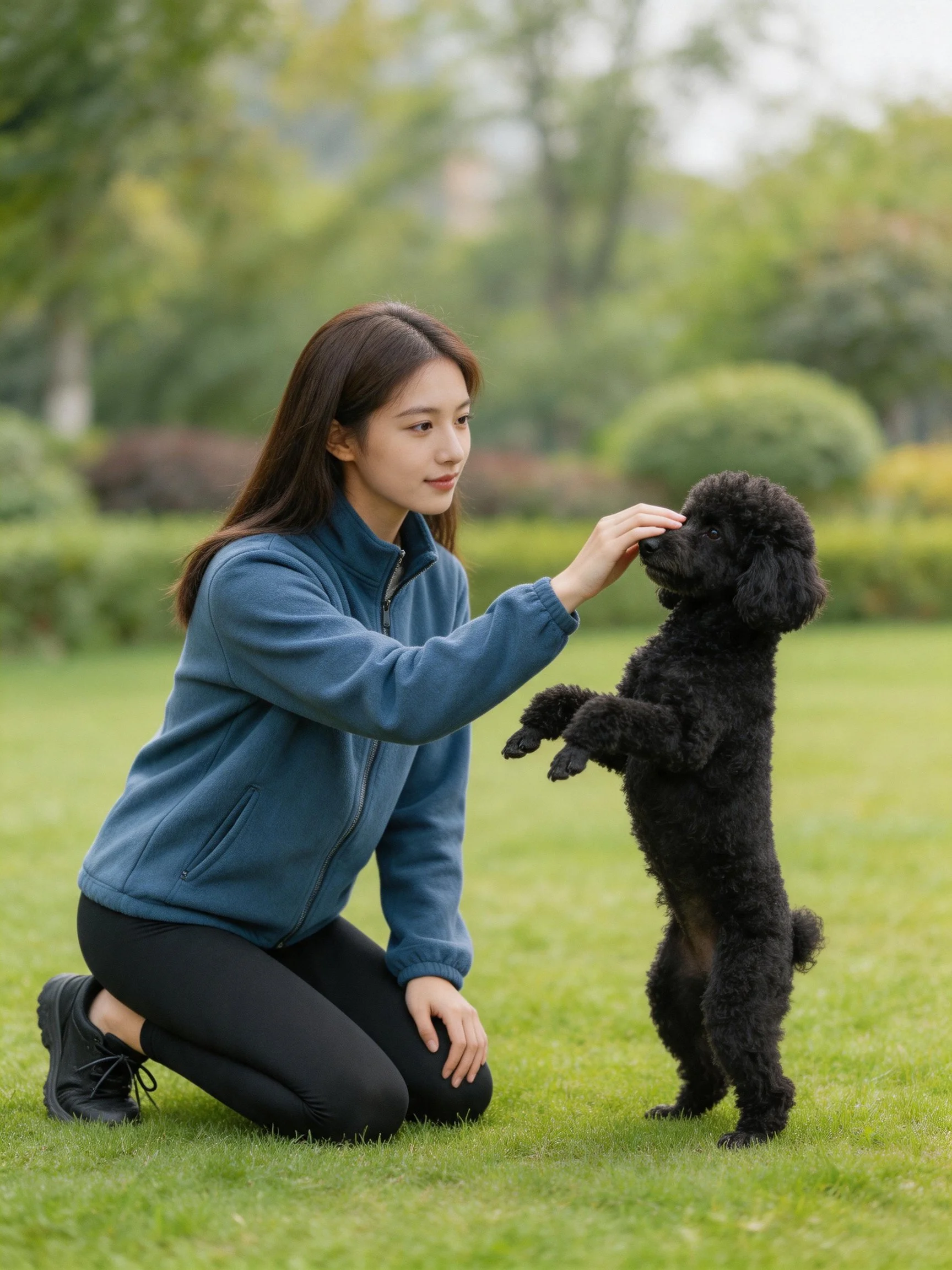 A woman kneels to interact with a black poodle in a grassy outdoor area.