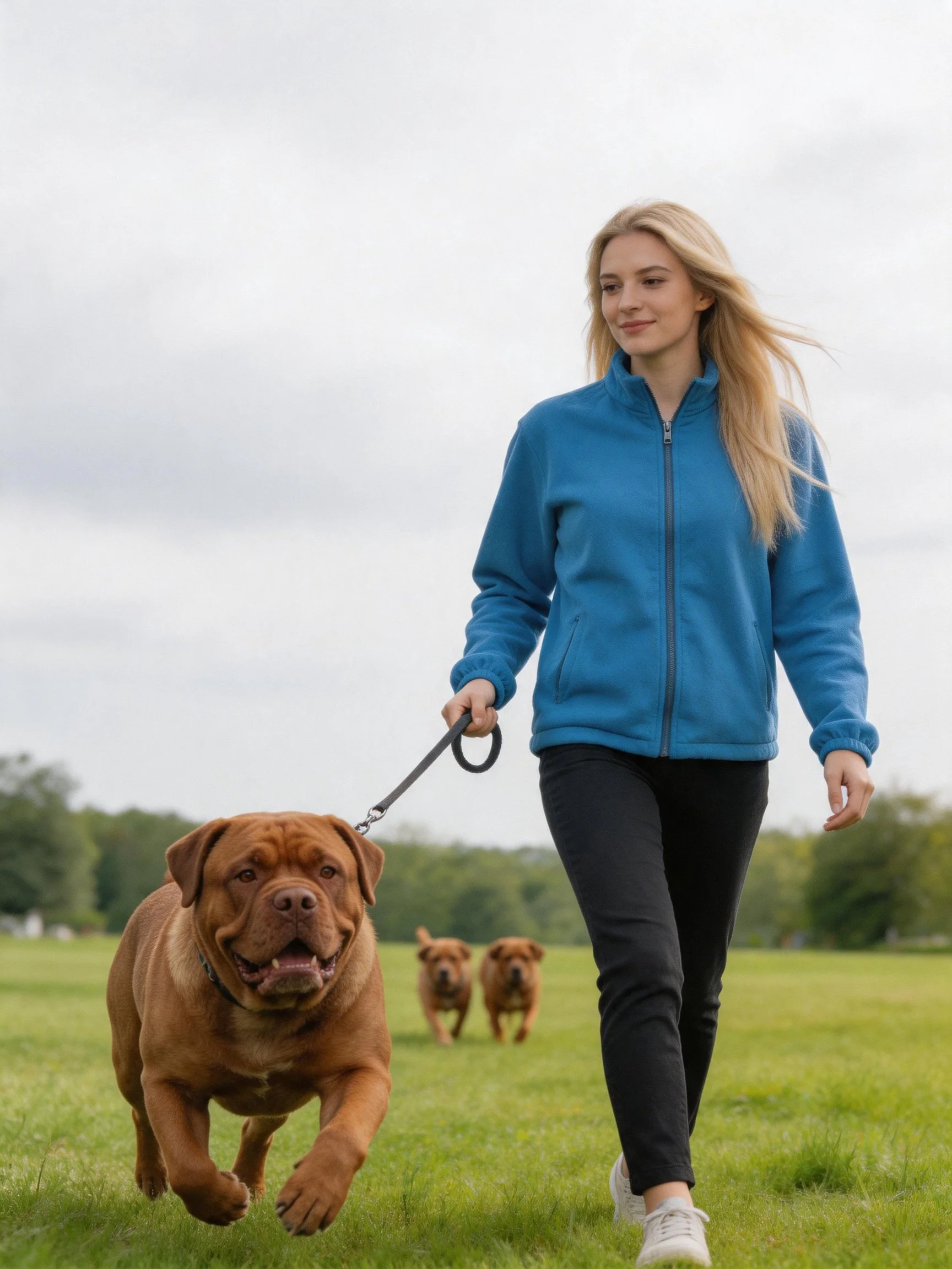 A woman in a blue jacket walks a large brown dog while two smaller dogs follow in a grassy area.
