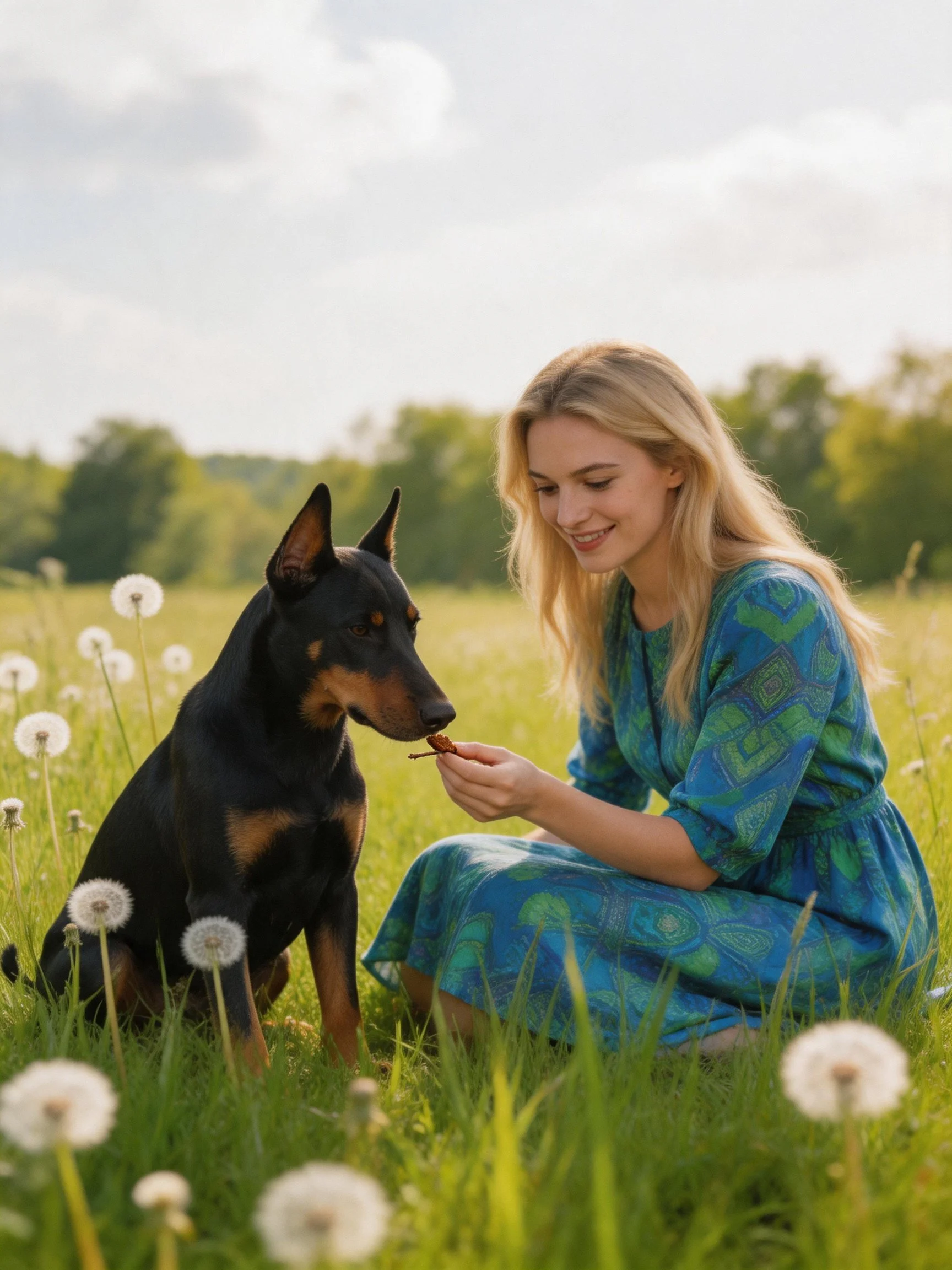 A woman feeds a Doberman in a sunny dandelion meadow.
