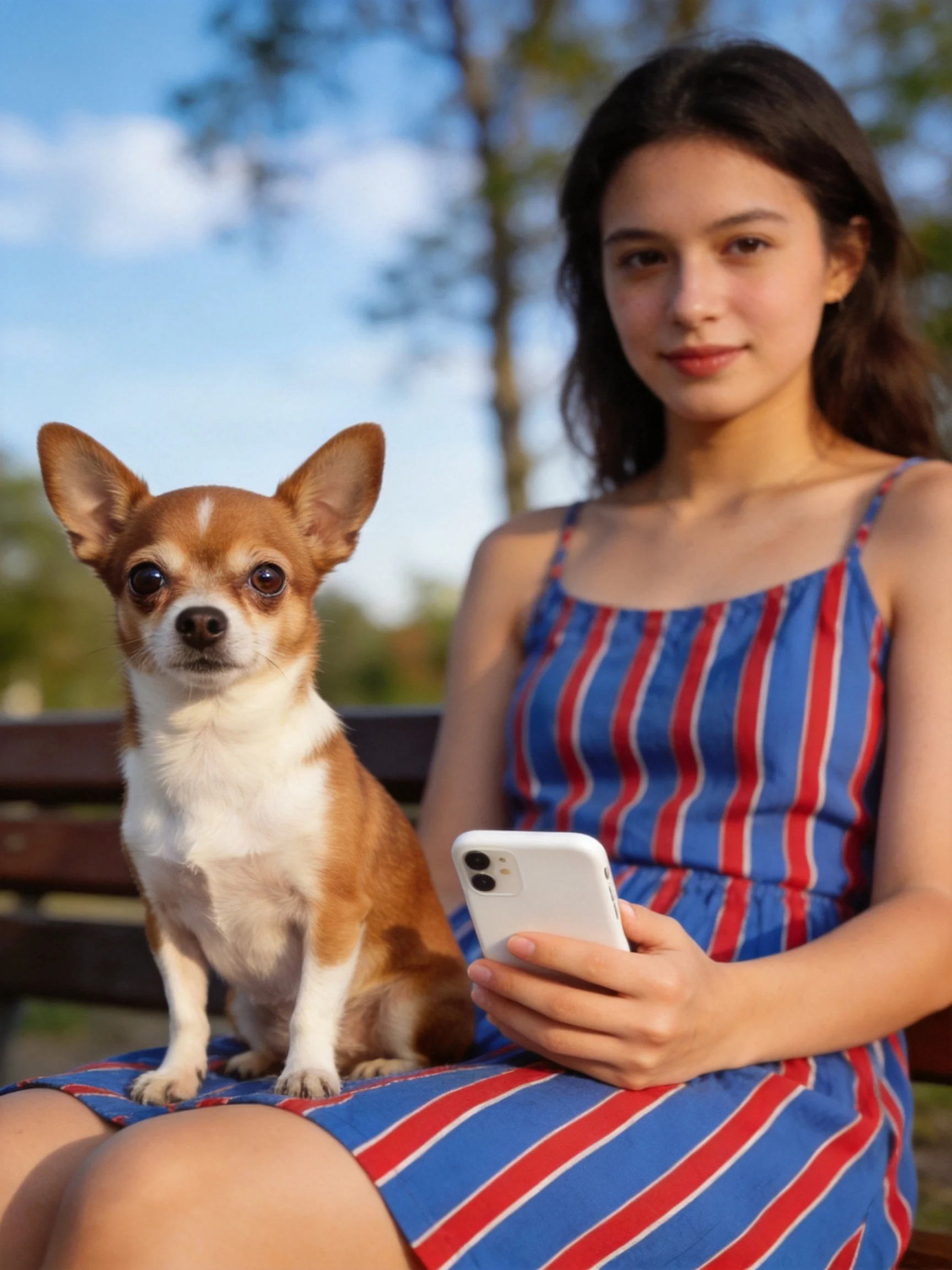 A woman in a blue-red striped dress sits with a small brown and white dog, holding a smartphone outdo