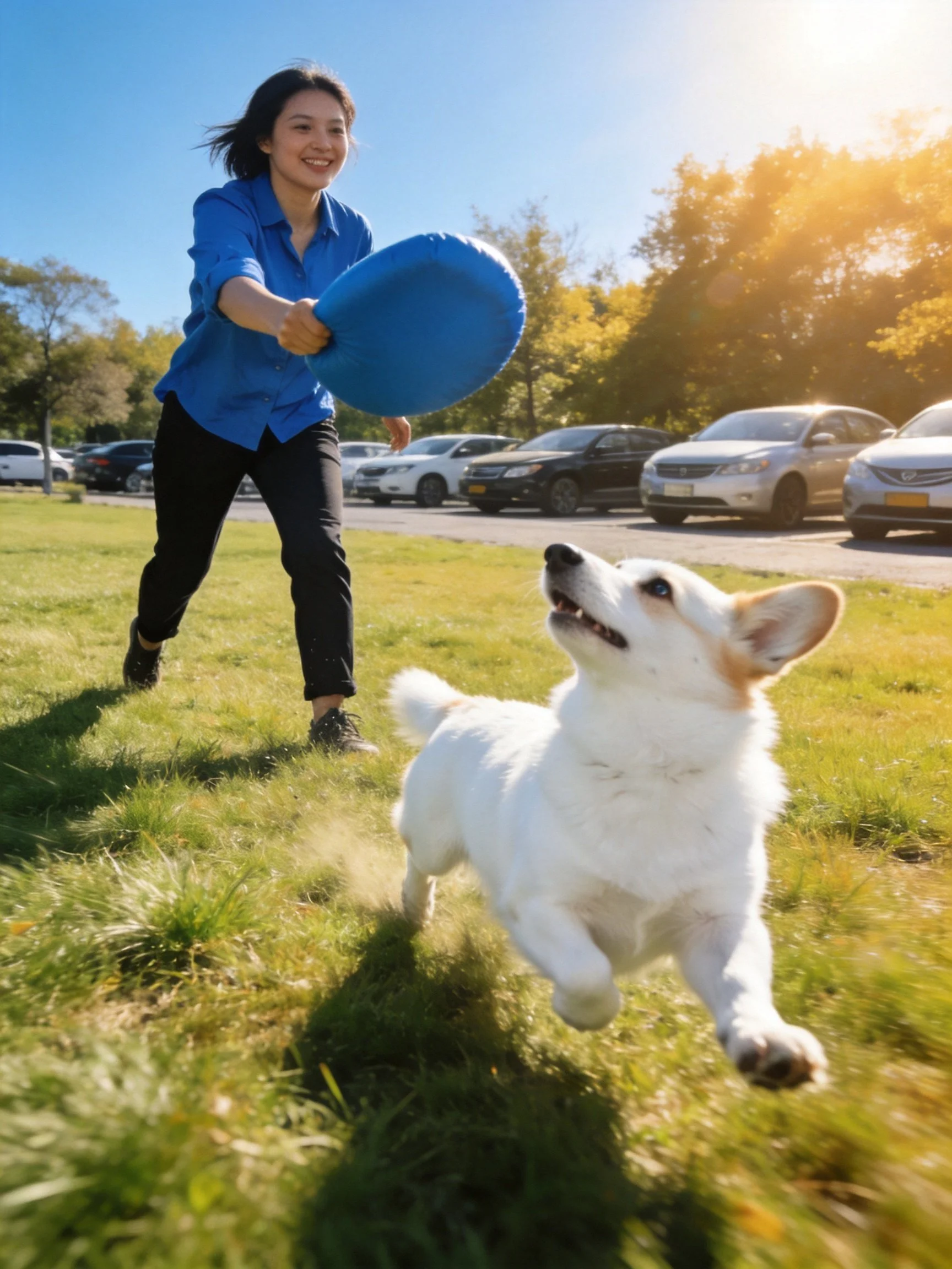 A woman plays fetch with her corgi using a blue toy in a sunny outdoor setting.
